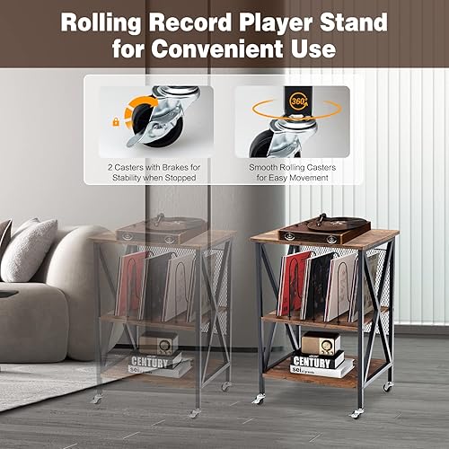 Miniatura 7 de TANGKULA Soporte para tocadiscos soporte de 3 niveles con 3 divisores para álbumes soporte de discos de vinilo rústico para sala de estar oficina en