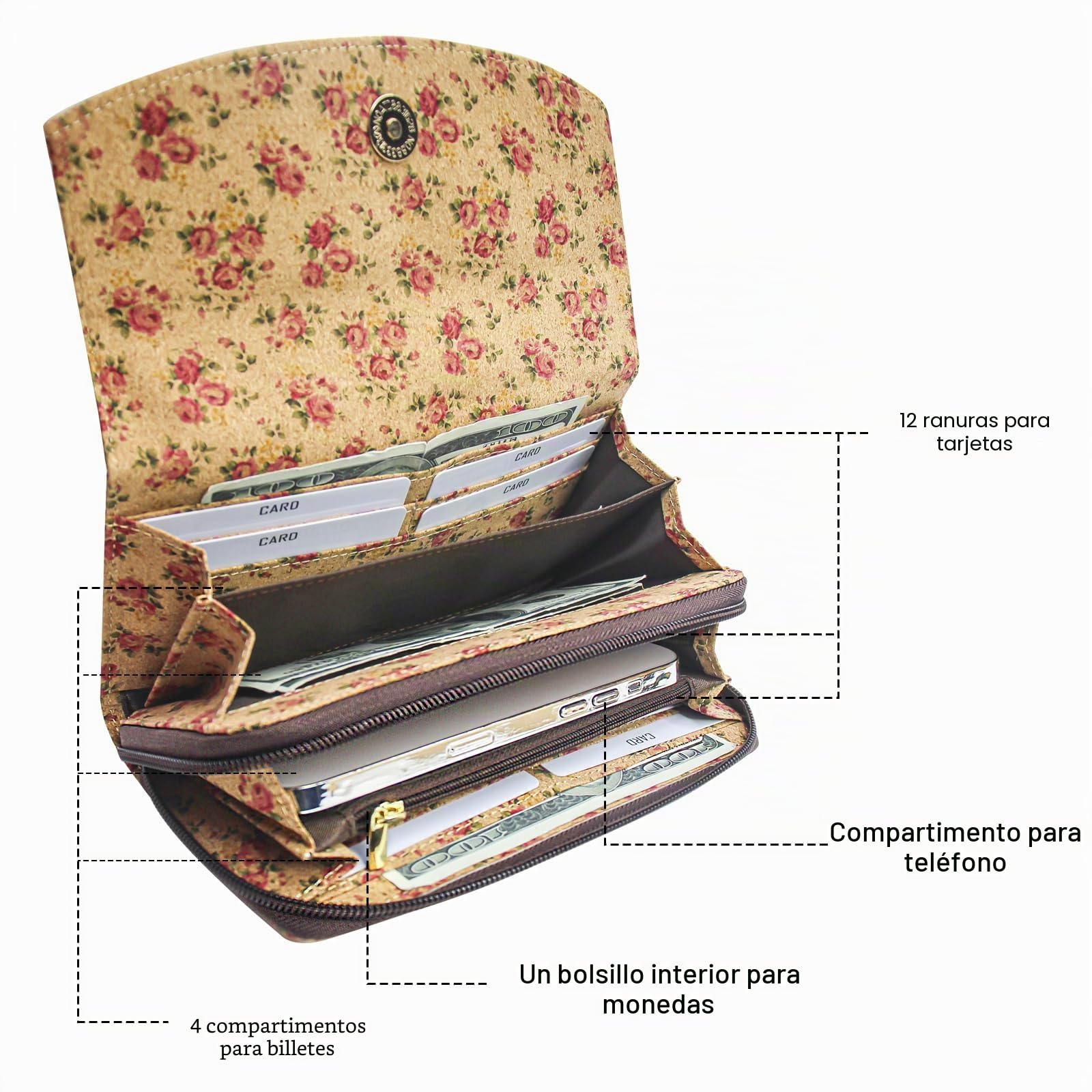 boshiho Monedero de Corcho Vegano para Mujer, Gran Capacidad con Cremallera, Portatarjetas, Bolsillo para Monedas, Compatible con Teléfono Inteligente, 100% Libre de Animales (Cork 2)