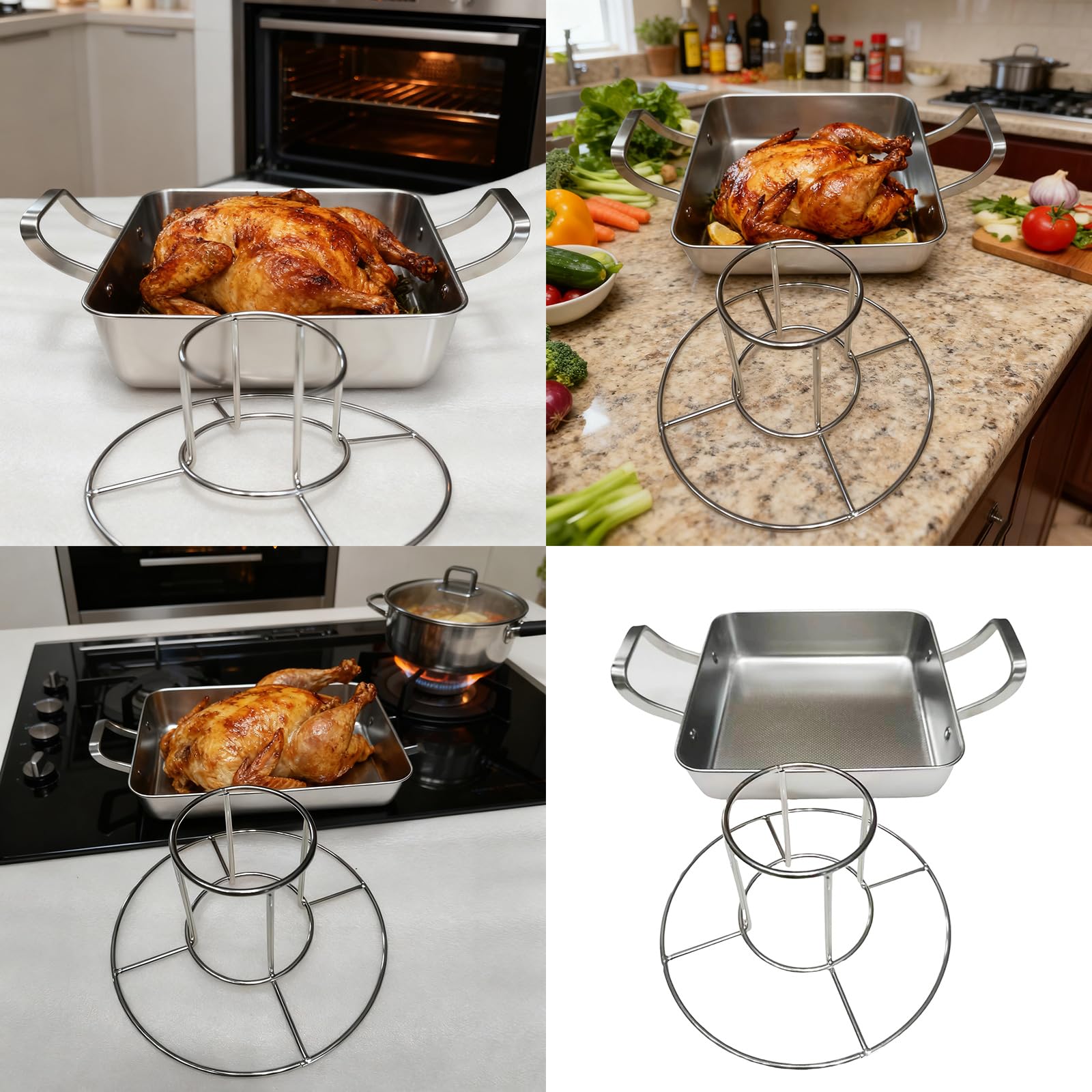 Soporte para pollos de acero inoxidable, fácil de limpiar, asador de lasaña cada vez en horno o parrilla, sartén para asar pollos