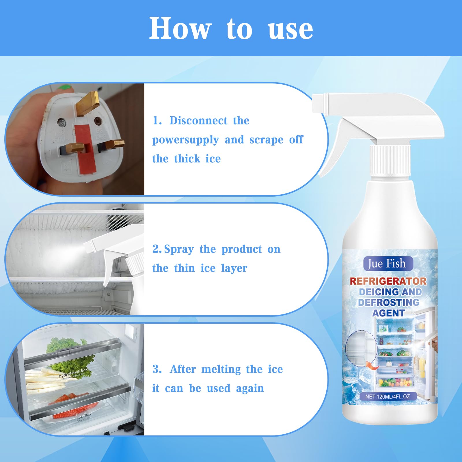Hainue Środek do czyszczenia zamrażarki, spray do odmrażania w sprayu 120 ml, spray do zamrażalnika, do lodówek, odmrażania