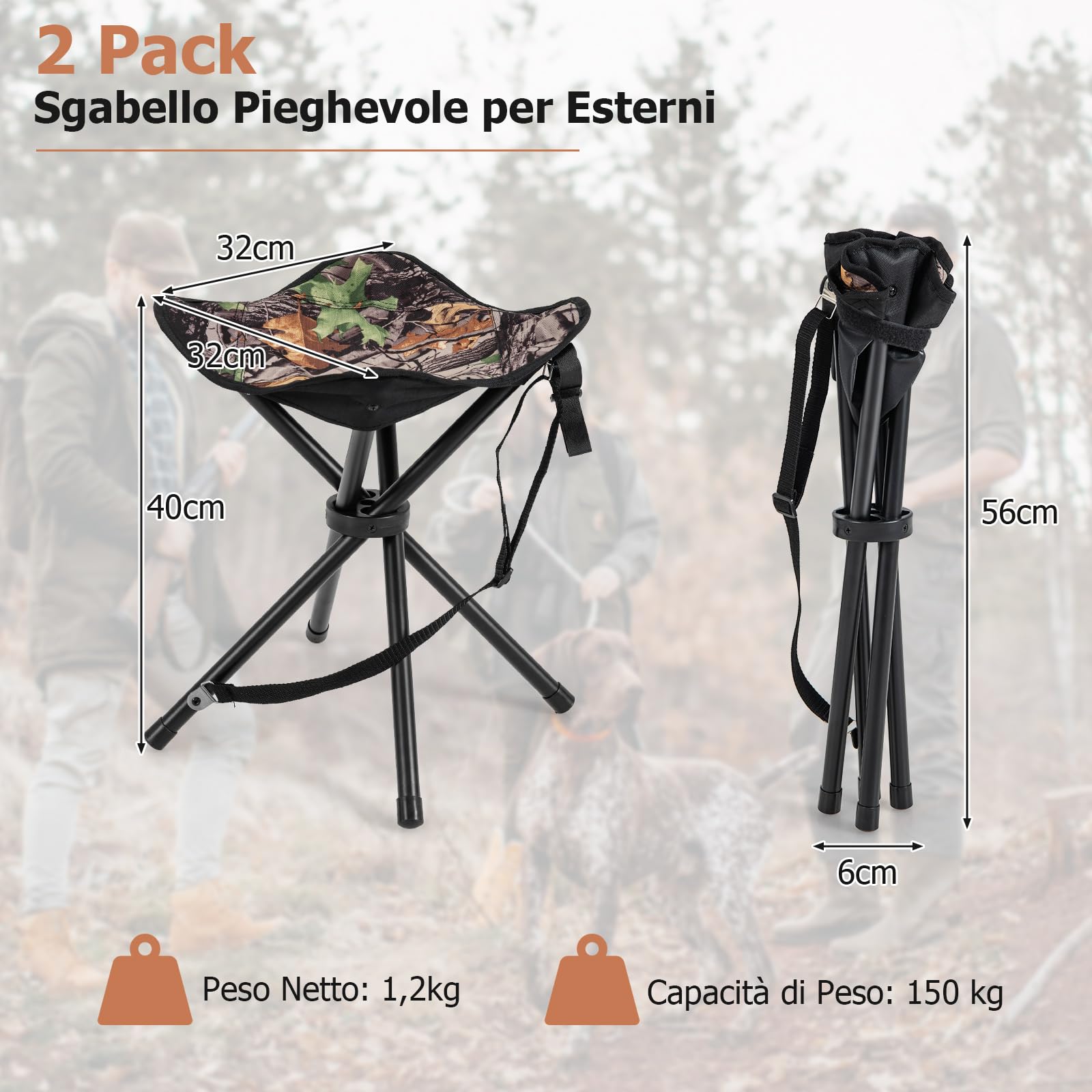 GYMAX Set di 2 Sgabelli da Caccia Pieghevoli, Sedia da Esterno con Tubi in Metallo Spesso e Piedini Antiscivolo, Adatta per Caccia, Campeggio, Pesca e Picnic