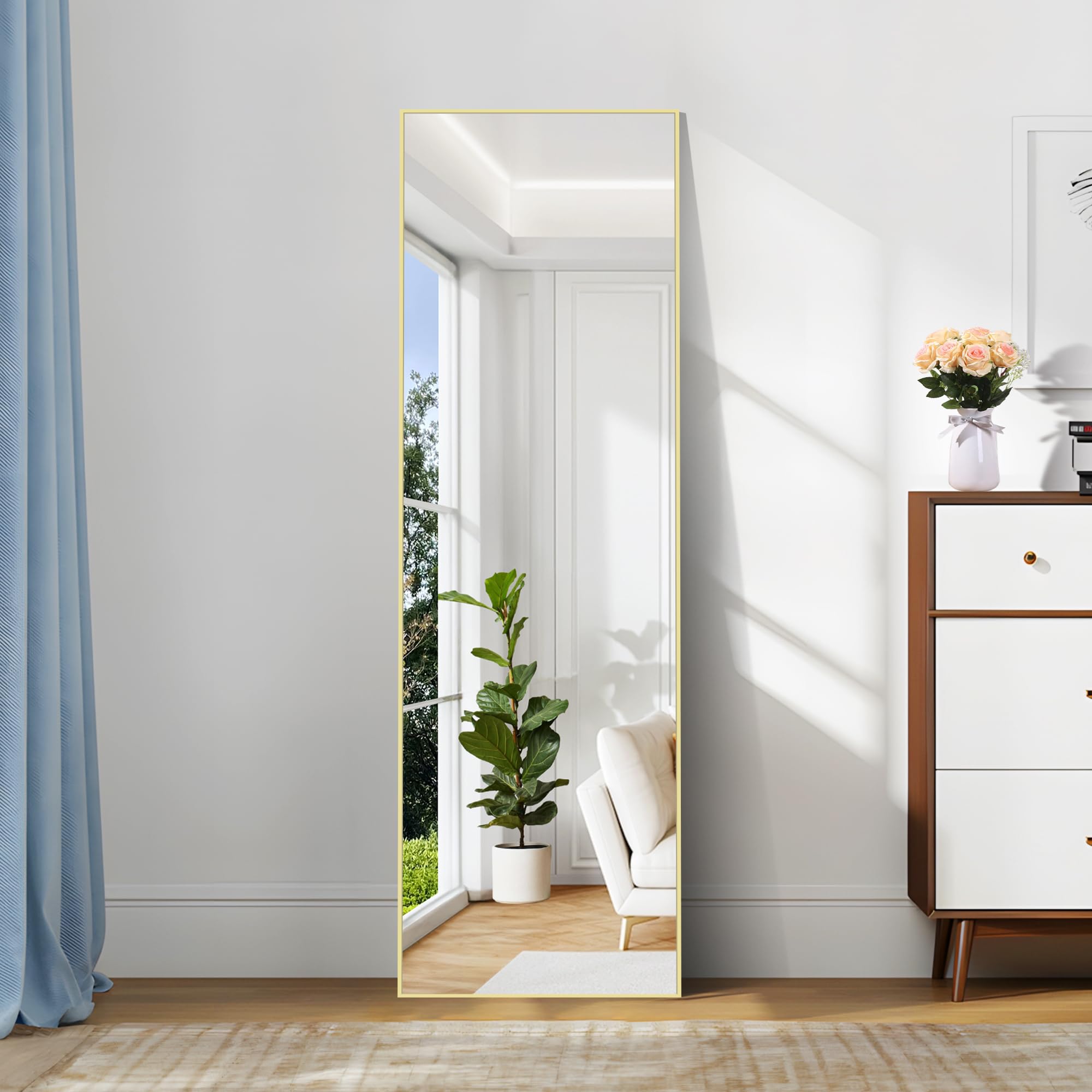 COFENY Specchio da Terra, 147 x 44 cm Specchio da Parete Grande con Cornice in Alluminio, Specchio da Terra da Appoggiare o Appendere per Soggiorno, Camera da letto, Soggiorno, Ingresso, Oro