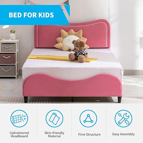 Miniatura 3 de Mjkone Cama individual tapizada para niños base de cama de plataforma de tamaño individual con cabecera curvada cama individual de princesa de piel