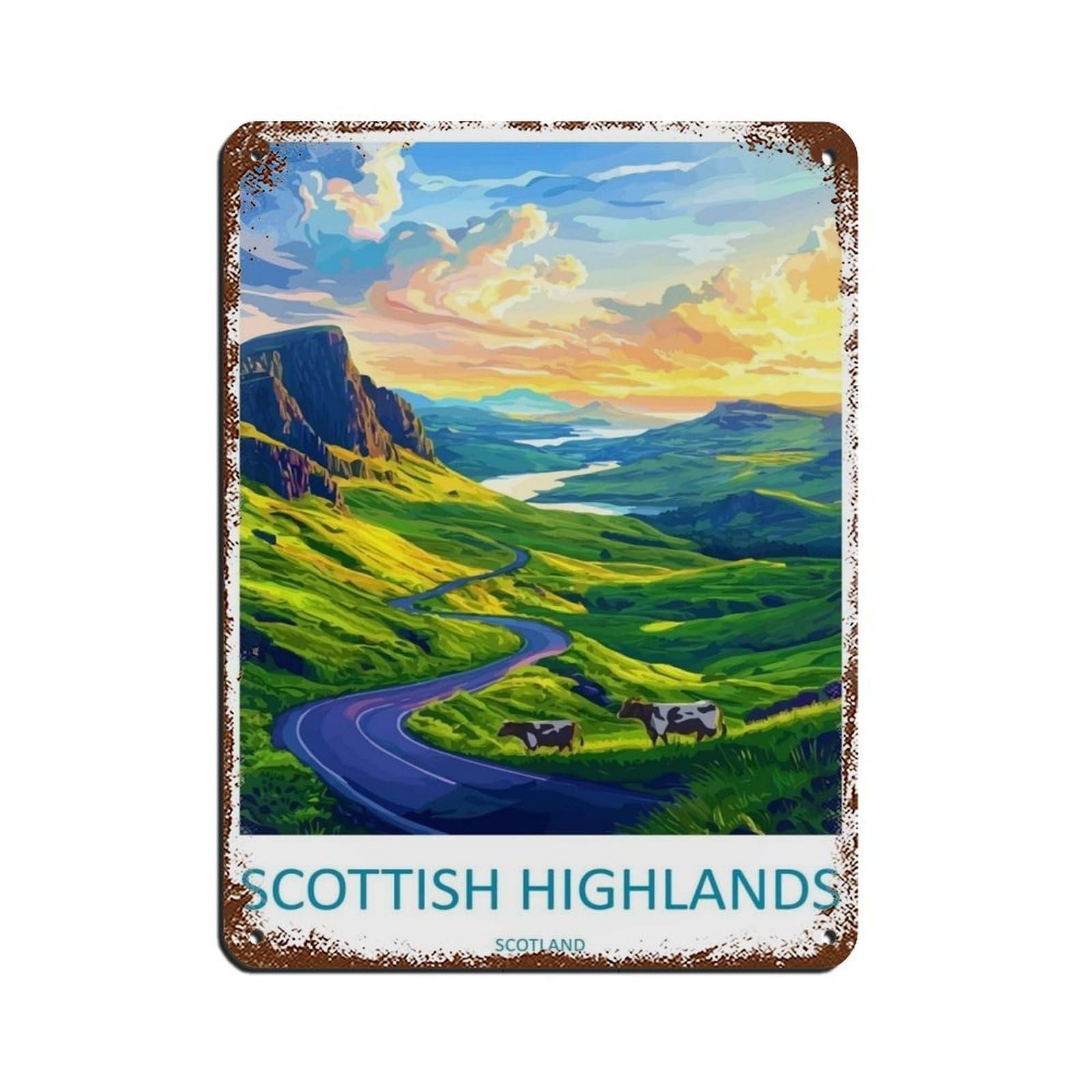 Scottish Highlands Scotland Art Tin Sign Vintage Metal Pub Club Cafe Bar Home Wall Art Decoration Poster Retro 12x16inch(30x40cm)