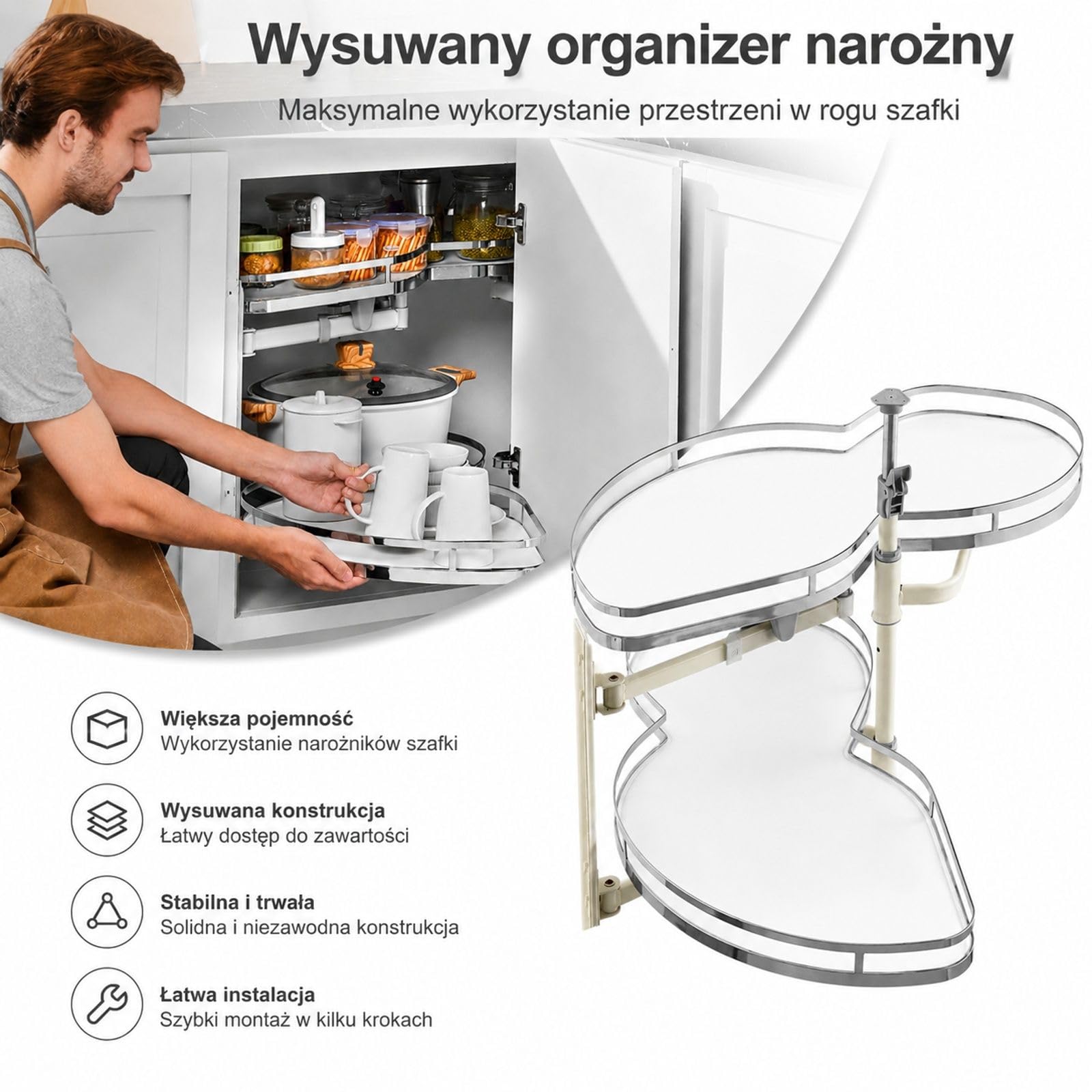 Organizer do narożnej szafki kuchennej, 2-poziomowe obrotowe wysuwane tace, regulacja wysokości, otwieranie w lewo, cichy domyk