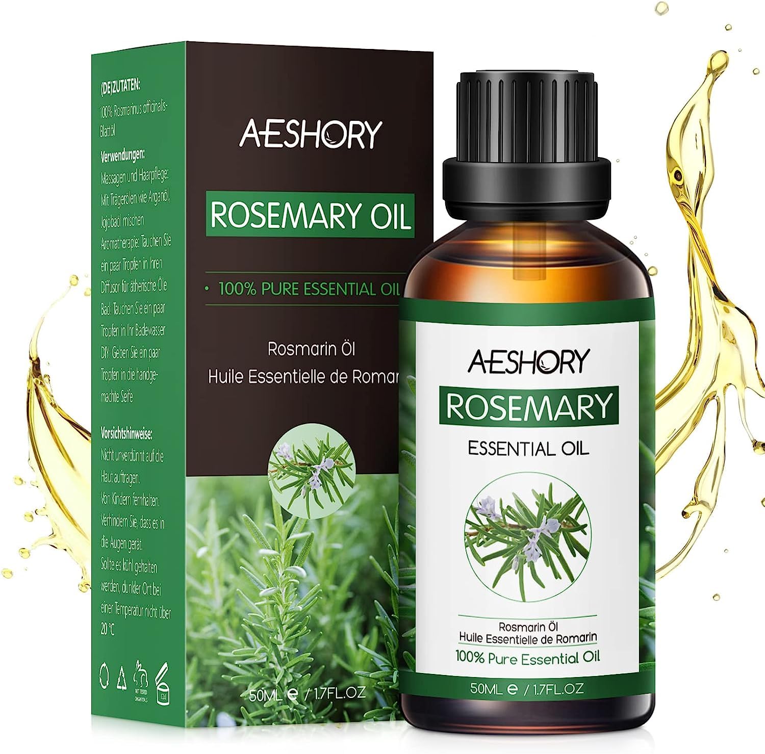 AESHORY Aceite Esencial de Romero 50ml, Aceites de Romero Natural 100% Puro, Aceites Esenciales de Aromaterapia de Grado Terapéutico para Humidificador, Cuidado del Cabello y la Piel, Masaje, Baño