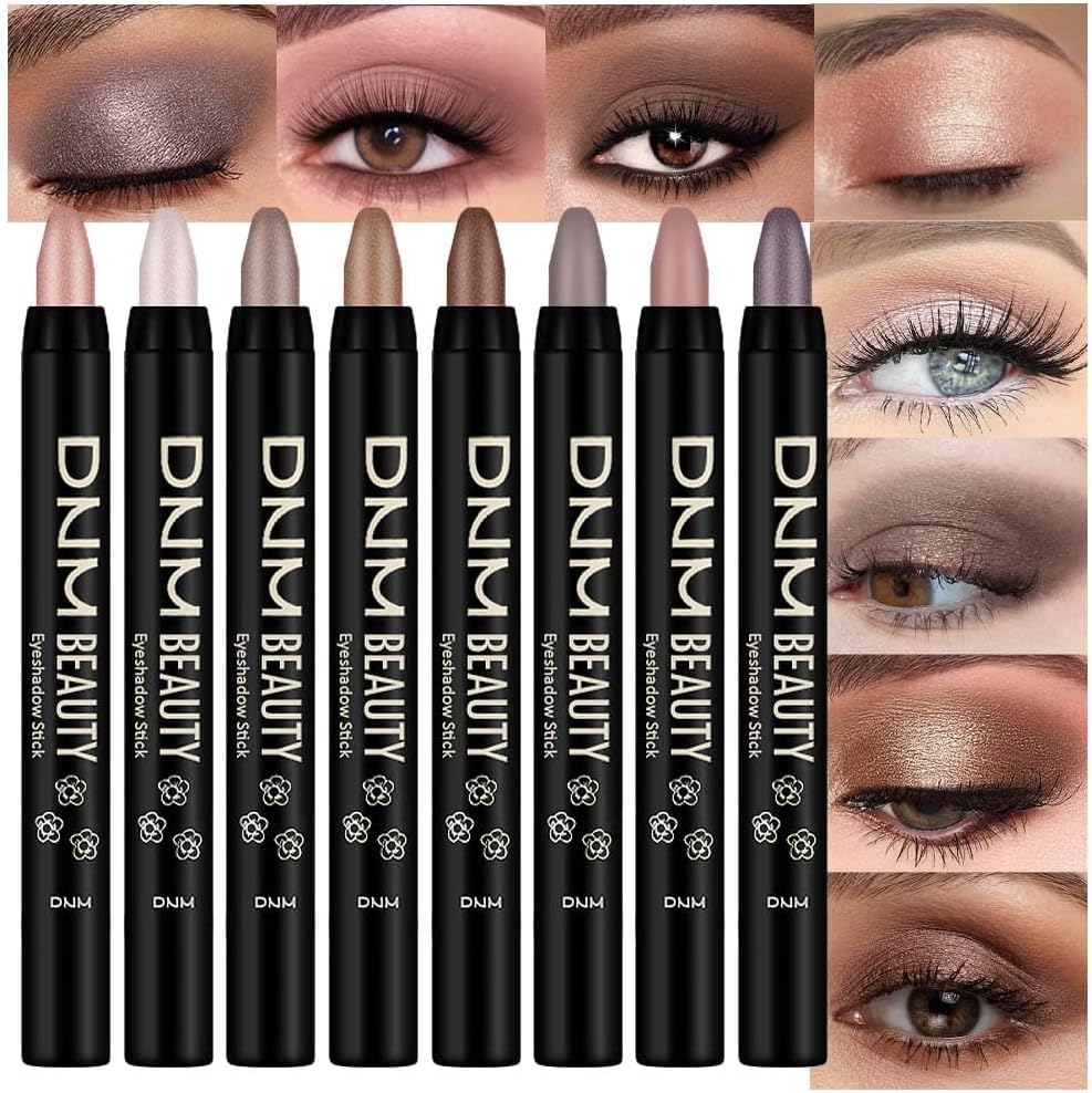 8Pcs Cream Eye Shadow Brightener Stick Makeup Set, Champagne Pearl Taupe Bronze Cocoa Stone Putty Smoky Amethyst Shimmer Matte Eyeshadow Eyeliner Pencil Applicator Stick Palette Makeup for Older Women