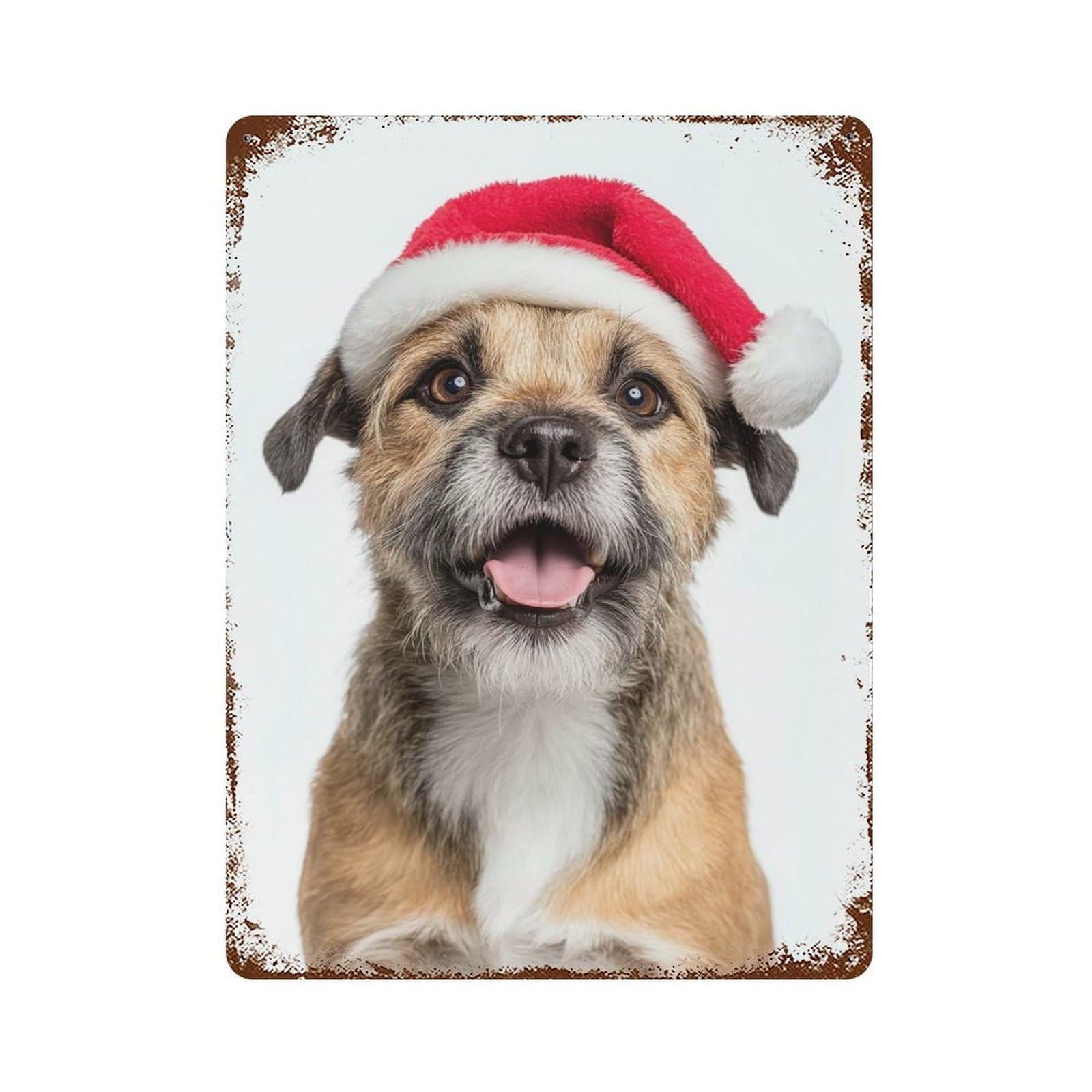Garage Style Border Terrier Dog with Santa Hat Rust Effect Tin Sign 15.7"x11.8", Industrial Home Decor for Bar And Workshop