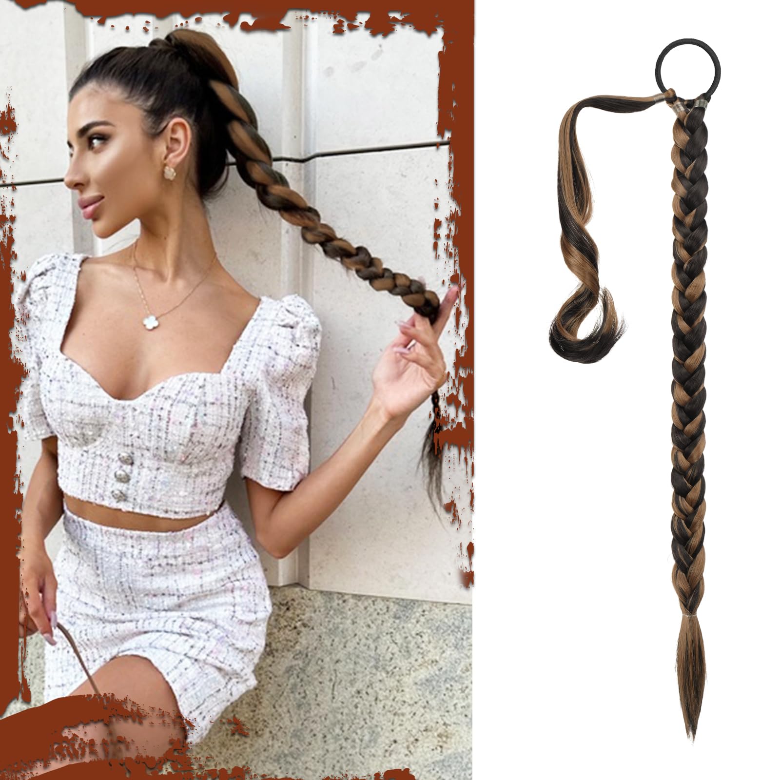 Sofeiyan Long Braid Ponytail Extension with Hair Tie Straight Sleek Wrap Around Hair Extensions Braid Pony Tail Fluffy Natural Soft Synthetic Hairpieces for Women Daily Wear 26 inch-Brown with Blonde