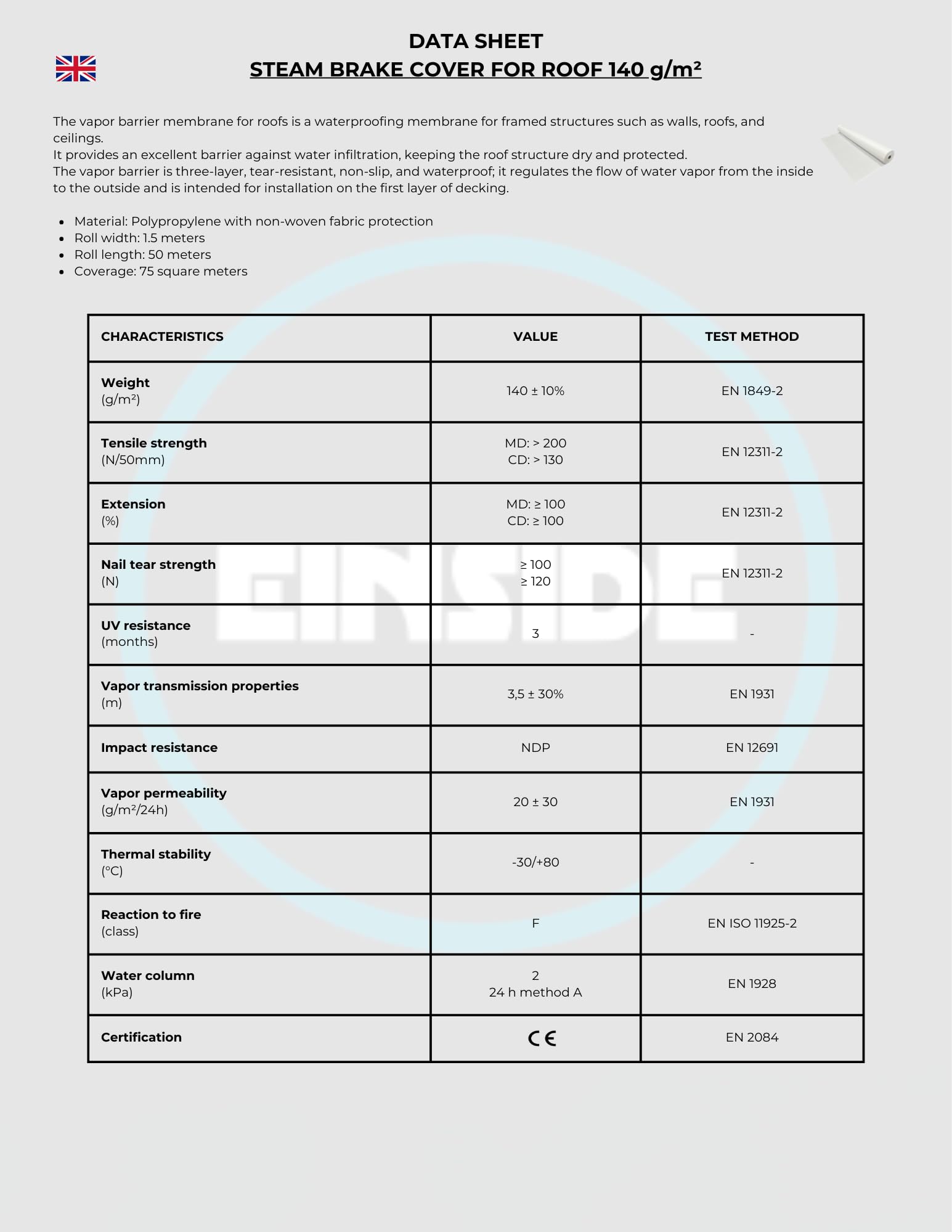 EINSIDE Lona de freno de vapor para techo, Membrana de barrera de vapor impermeable para techo, 140 g/m² | Cobertura: 75 m², SD = 3/12 m, clase W1