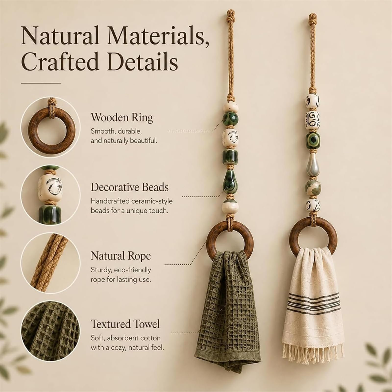 Appendi asciugamani decorativo con perline e anello in legno, design boho (MIX*4)