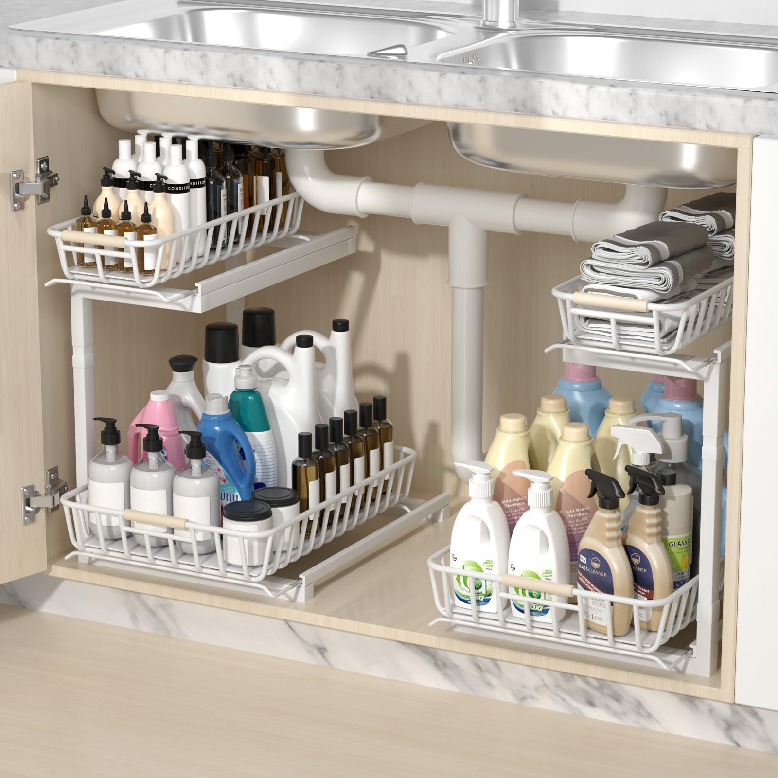 Under Sink Organizer Metal, Larger Under Cabinet Organizers and Storage, Undersink Pull Out Organizer for Bathroom Kitchen - 2 Pack (White)