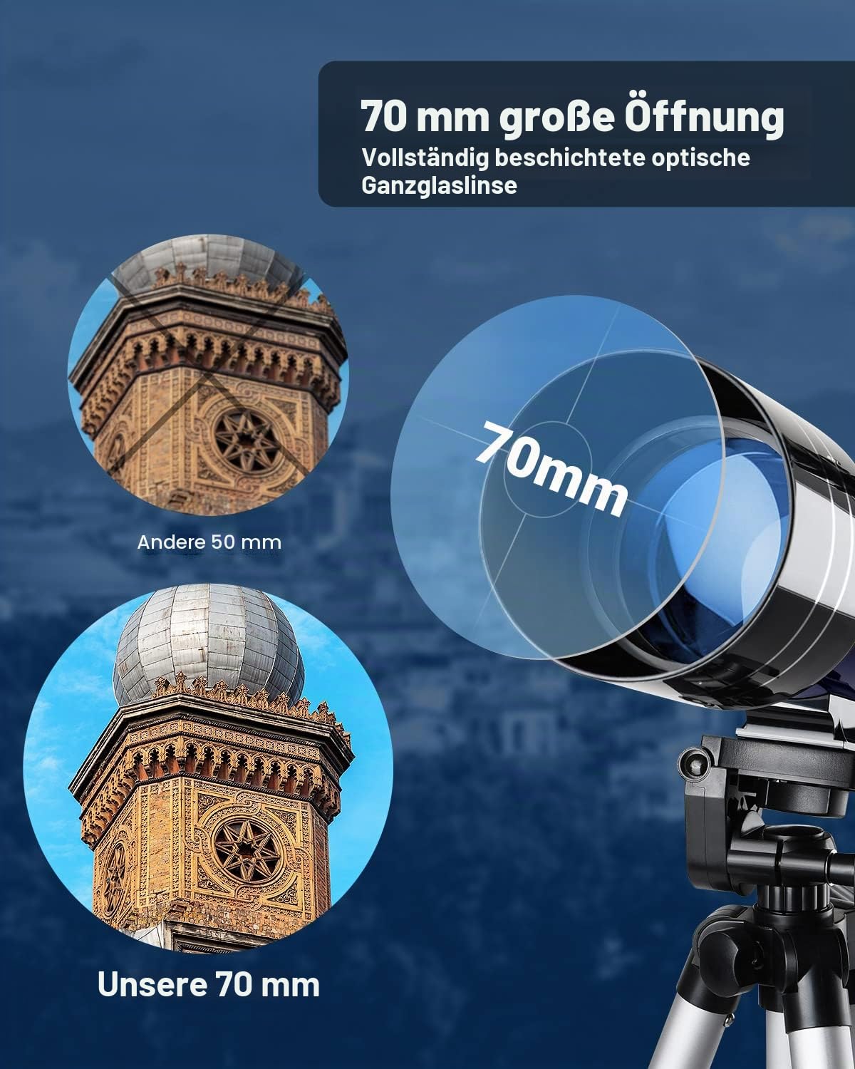 ESSLNB Teleskop 36070 Teleskop Astronomie mit Verstellbares Stativ und Telefon-Adapter 70mm Vollständig Beschichtete Linse 3X Barlow-Linse Mond-Filter