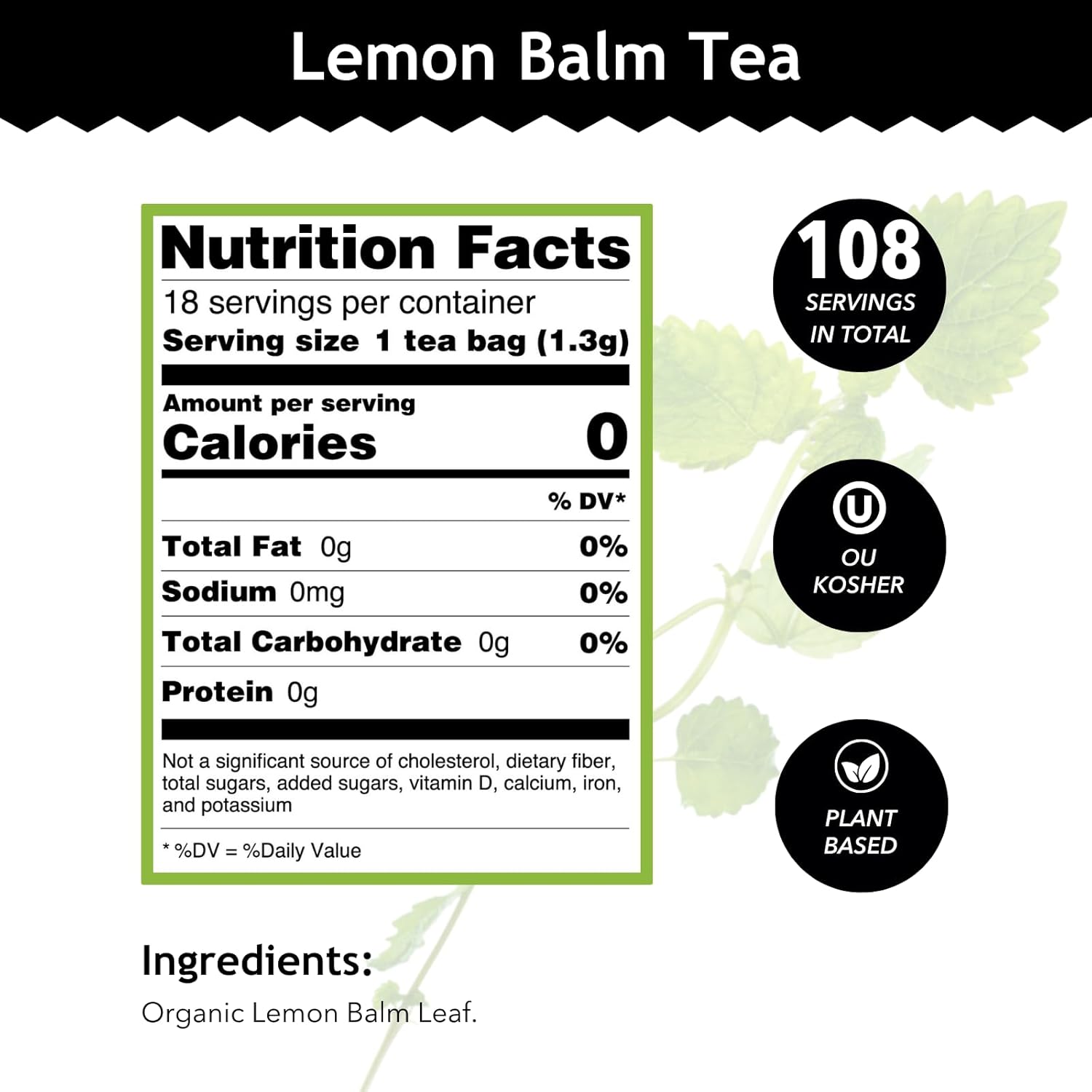 Buddha Teas Lemon Balm Tea - OU Kosher, USDA Organic, CCOF Organic, 18 Count (Pack of 6)