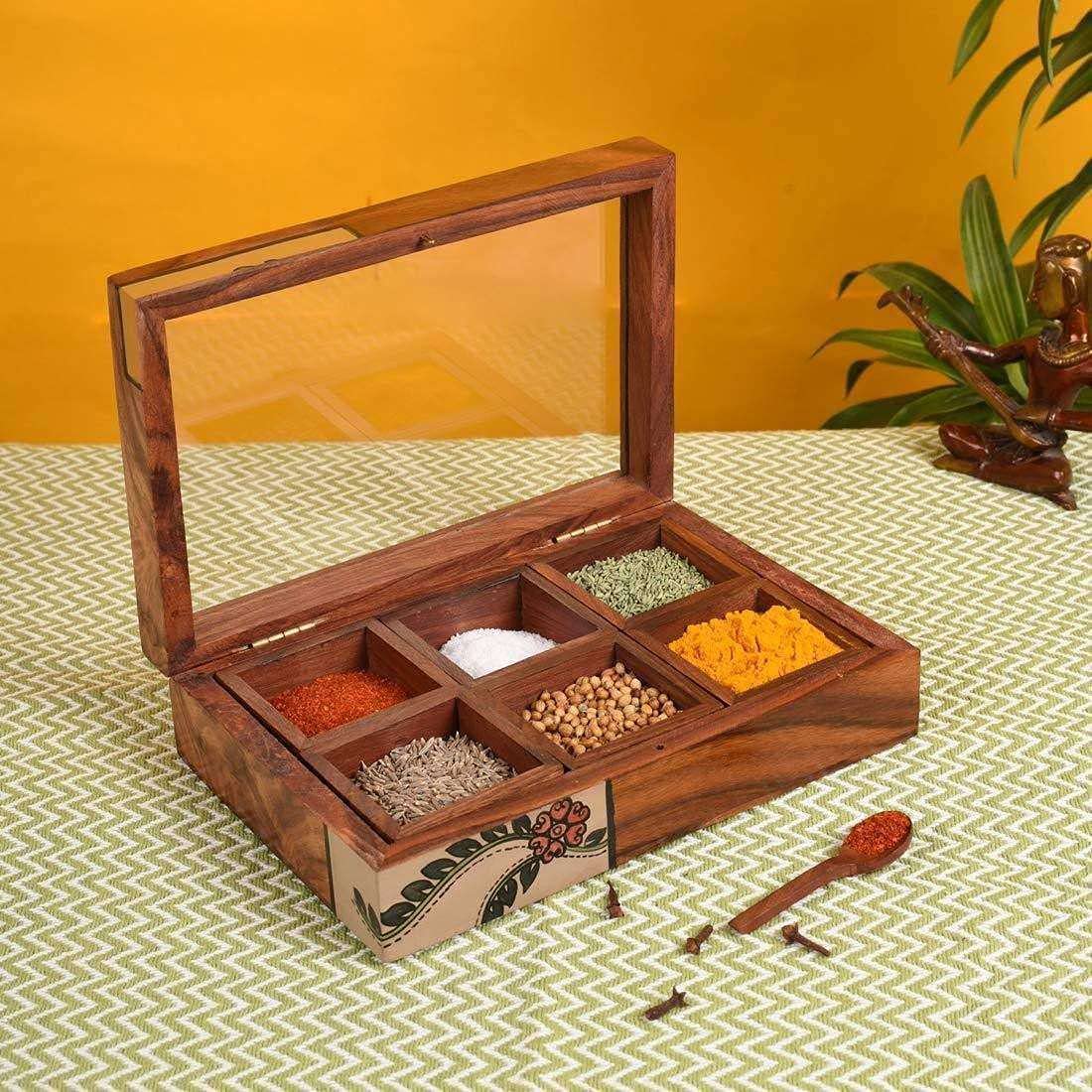 Artysta 'Senary Savours' Wooden Masala Box For Kitchen | Wooden Spice Box Square Spice Storage Container | 6 Spice Containers & Spoon