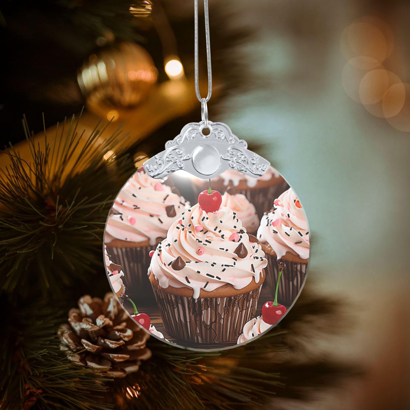 Crystal Christmas Ornaments for Christmas Tree Decoration Hanging Cupcake and Muffin Ornament with Gold Ribbon Crafts Round Pendant for Keepsake Gifts Glass Xmas Decor Party Supplies