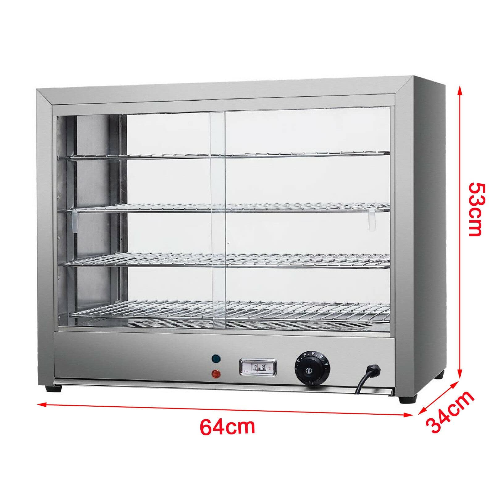 Futchoy Vetrina riscaldata con 4 telai in acciaio inox, scaldavivande commerciali, termostato regolabile da 30 °C fino a 85 °C, per mense, panetterie, 64 x 34 x 53 cm