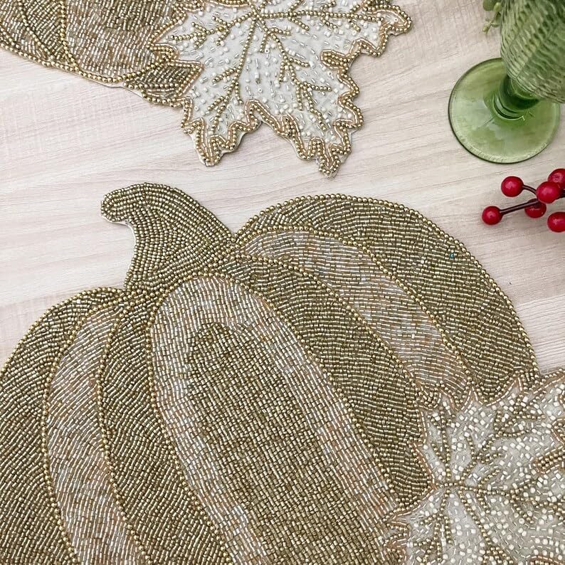 Set of 6, Handmade Pumpkin Harvest Bead Placemats, Harvest Placemats for Autumn Thanksgiving Halloween Party Table Decoration