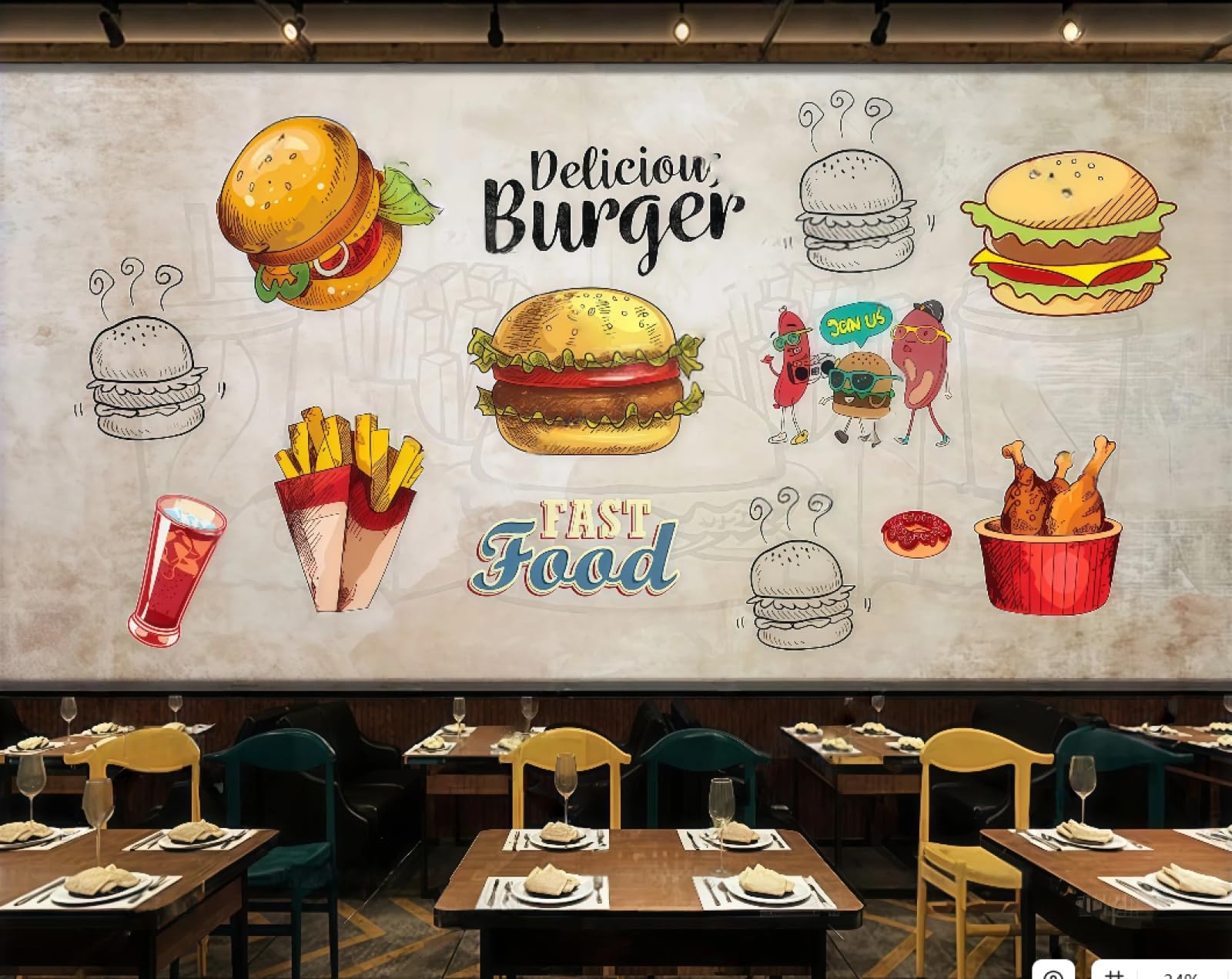 XDOUBAO Wallpaper Nostalgic Hand-Painted Delicious Burger Theme Fast Food Drink Shop Afternoon Tea Western Restaurant Background Wall Wallpaper Coffee Shop Mural,3D,250x175cm
