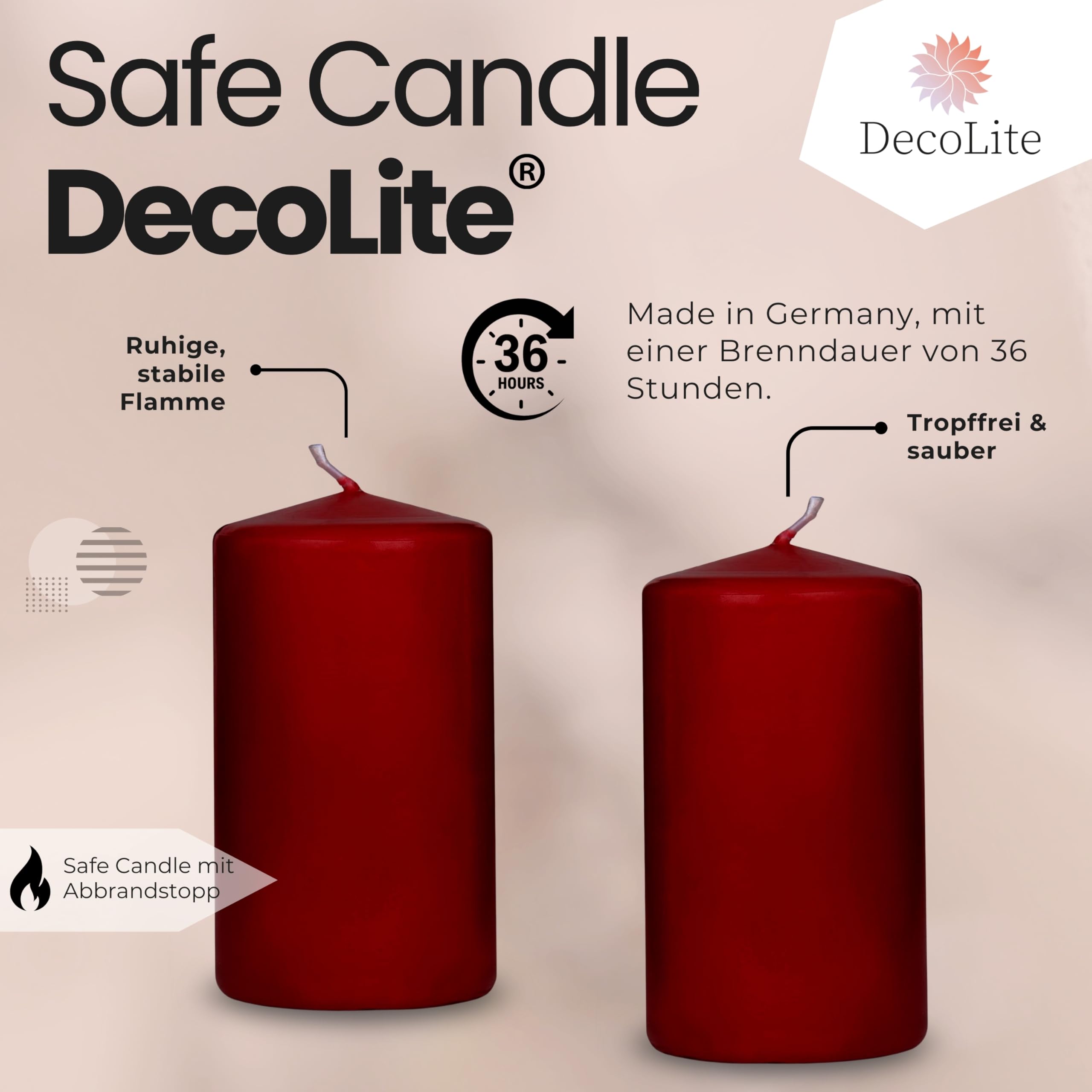 Confezione da 12 candele a pilastro, 100/60 mm, autoestinguenti, con certificazione RAL, durata 36 ore, 100% Made in Germany by Wenzel Kerzen (rosso antico)