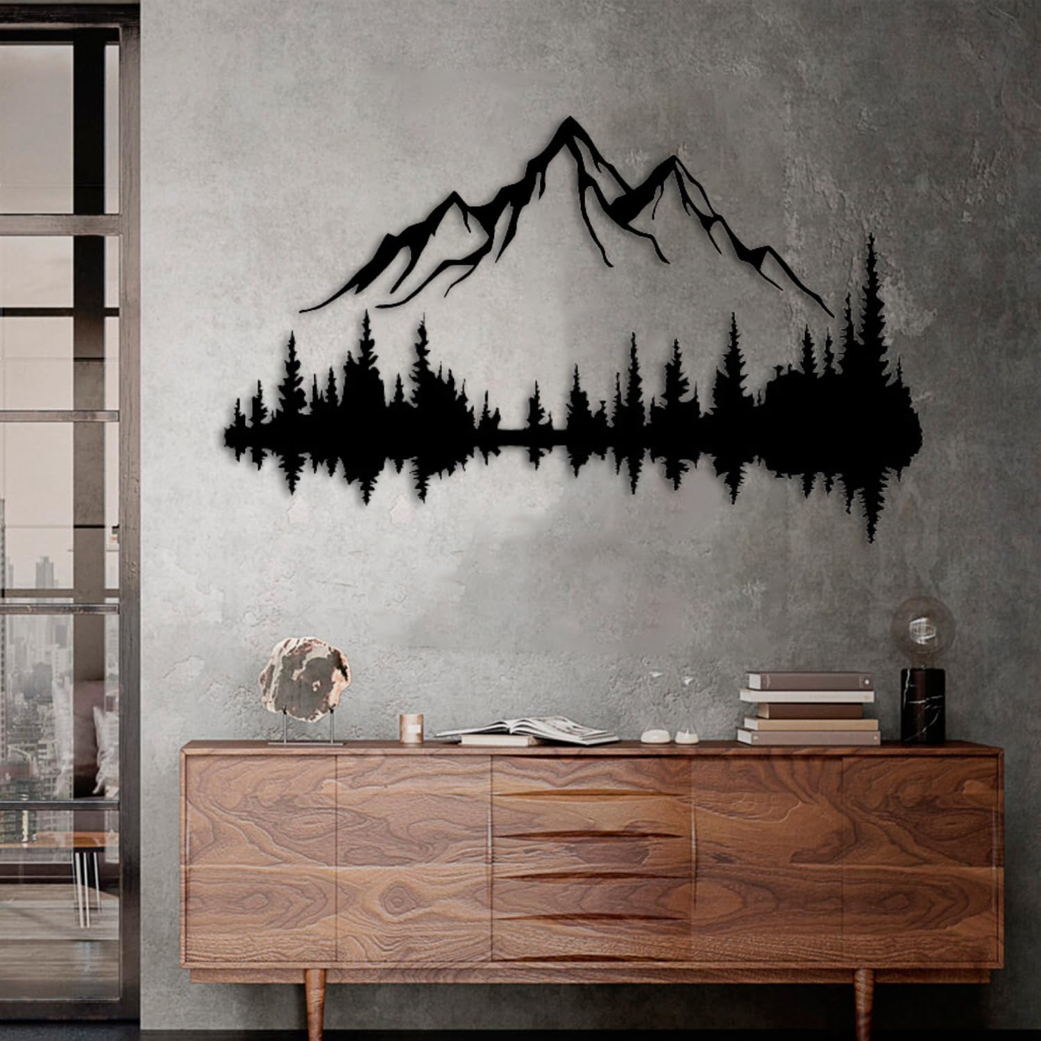 Decoración de pared de metal de montaña y bosque de metal, escultura de pared grande para hogar rústico, interior y exterior, decoración moderna, imágenes para el hogar, oficina, sala de estar