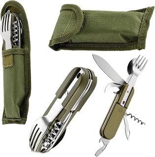 2 Piezas Cubiertos Plegables 7 en 1,Juego de Cubiertos Camping Plegables con Cuchillo/Tenedor/Cuchara/Abrebotellas y Bolsa de Nailon, Desmontable para Camping, Senderismo, Viajes (Verde)