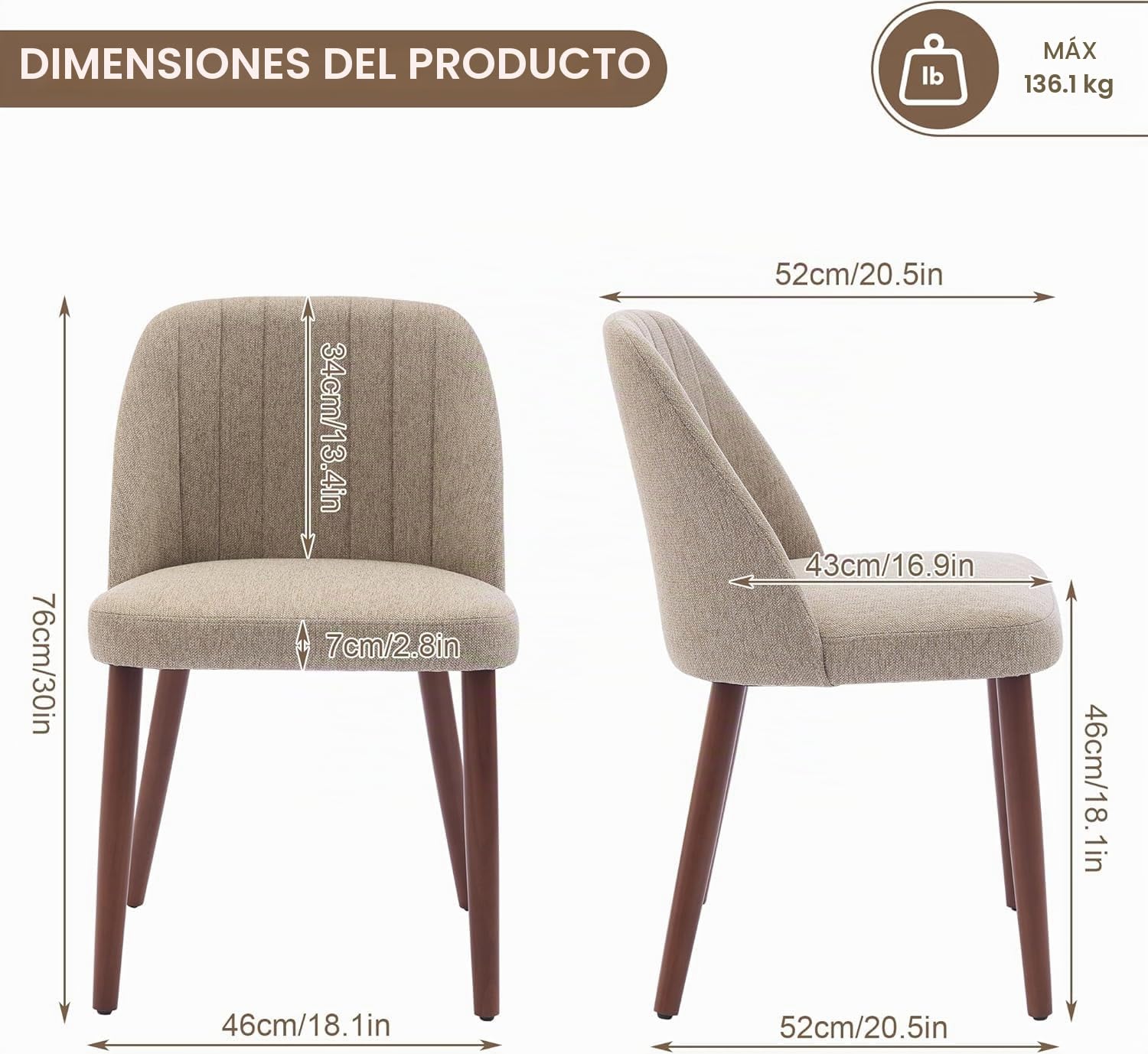 Juego De 2 Sillas De Comedor Modernas Tapizadas. Cómodo Asiento Acolchado De Tela De Lino. Patas De Madera Resistentes. Sillas Auxiliares Ergonómicas Para Cocina, Comedor, Restaurante y Cafetería