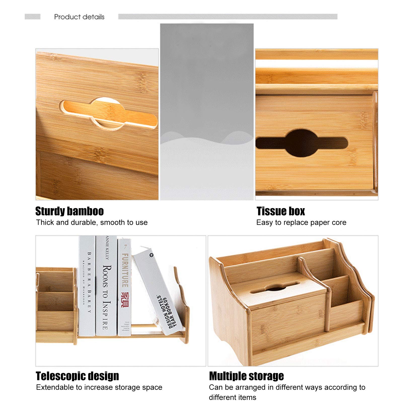 Juego de Organizadores de Escritorio de Bambú, Organizador de Escritorio de Bambú Extensible, Caja de Pañuelos, Estante para Libros, Soporte Estacionario, Caja de Almacenamiento de Maquillaje, Cajón D