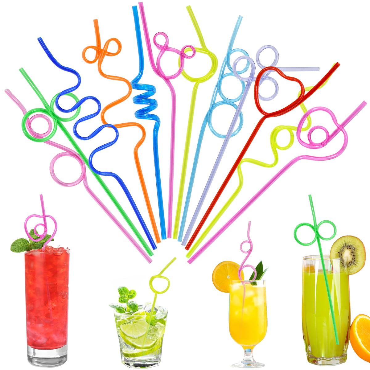 LANSKYLAN 36 PCS Pajitas Rizadas Reutilizables, Pajita de Espiral Reutilizable 26.5 cm de Largo con Formas Divertidas, Pajitas de Colores Vibrantes para Cocktails y Jugos zumos Fiestas y Eventos