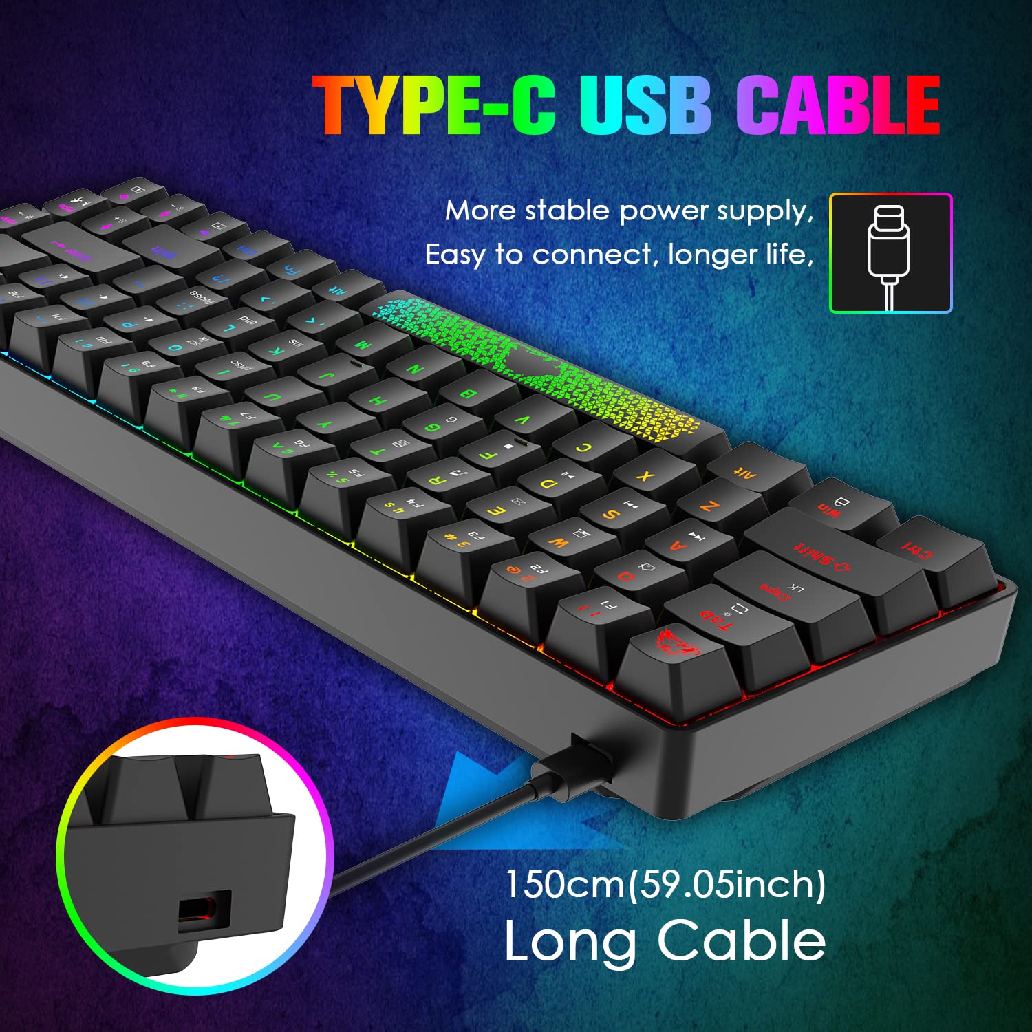 60% Mechanical Gaming Keyboard and Mouse Combo RGB Backlight Ergonomic Anti-ghosting 68 Keys 6403DPI Silent Honeycomb Mice Type-C Wired for Computer Mac Gamer - 3