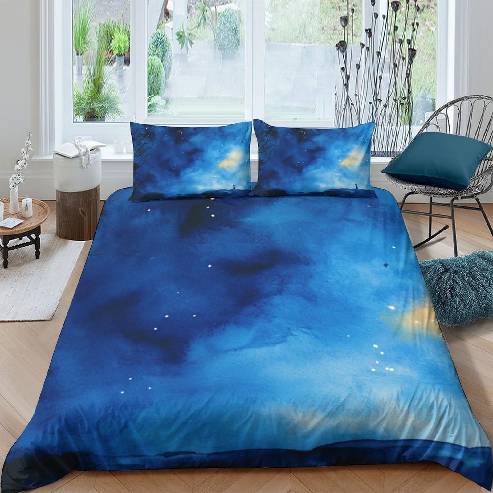 GPLZQXKJNH 3D Printed Galaxy Starry Sky Duvet Cover Set Microfiber Blue Nebula Quilt Cover with 2 Pillowcases for Bedroom Home Single（135x200cm）