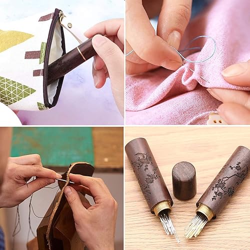 Miniatura 7 de Fbshicung 24 agujas autoroscadas de doble agujero, 6 agujas de costura grandes para ojos, agujas de coser con 2 fundas de aguja de madera, estuche