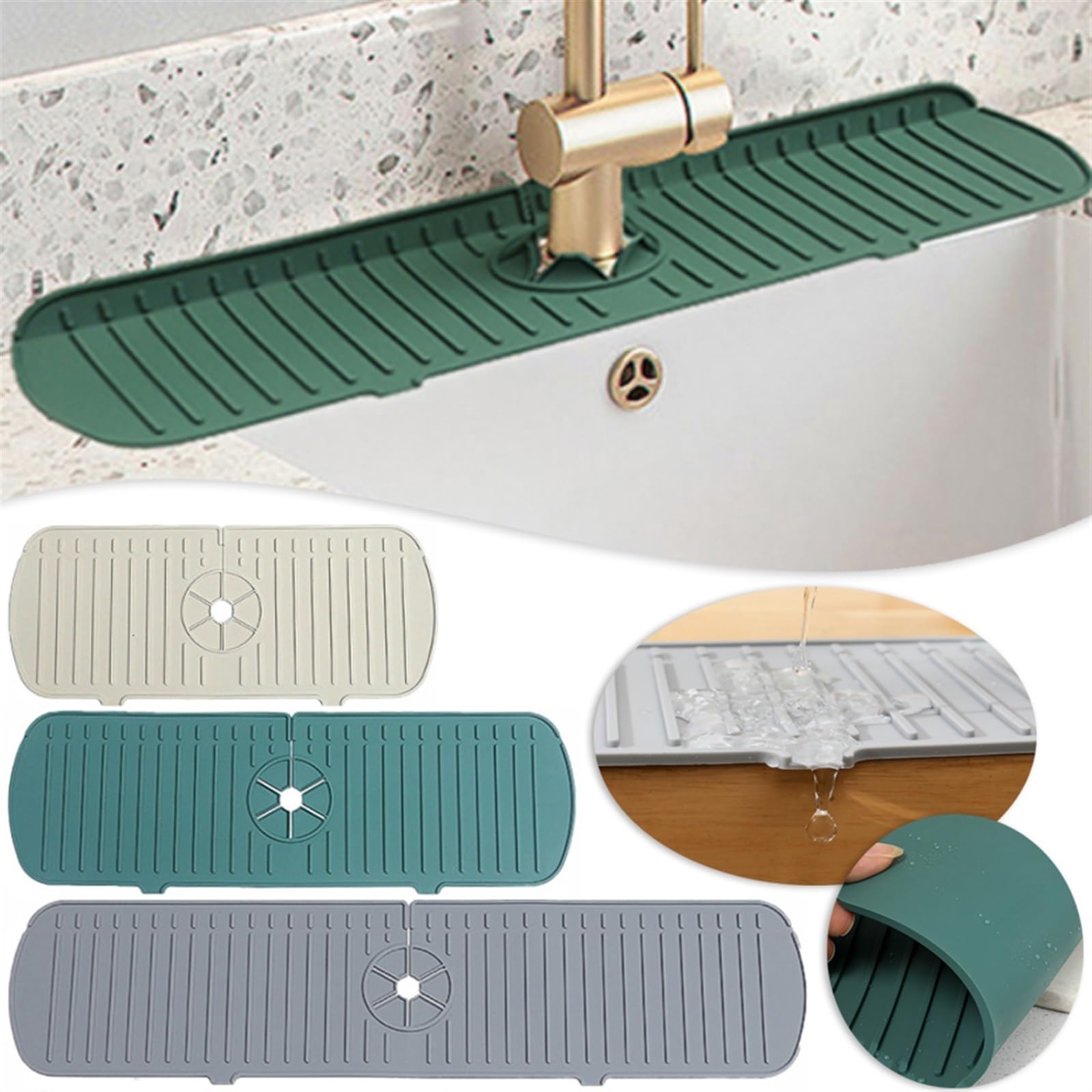 Tappetino in silicone per lavello con design increspato d'acqua, grande tappetino per rubinetto per il lavandino del bagno, protezione (verde, 61 x 14,5 x 0,5 cm), impermeabile, antiscivolo