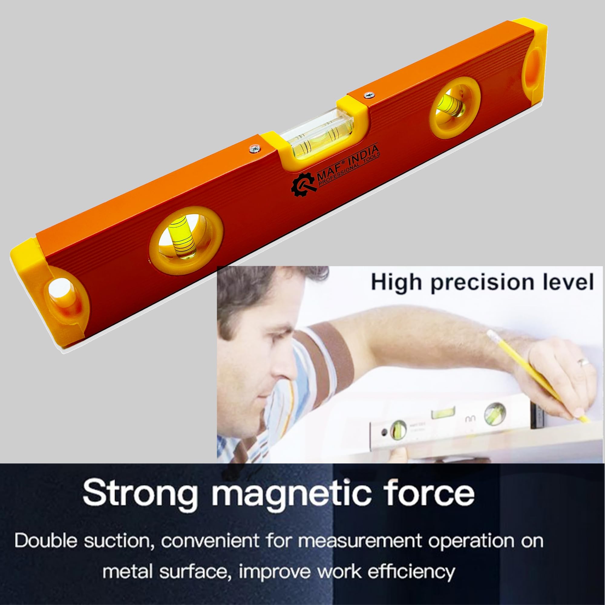 Malfah Carpenter's Spirit Level 12" Inch Magnetic Aluminum Frame Line (30 cm) MAF Orange 1