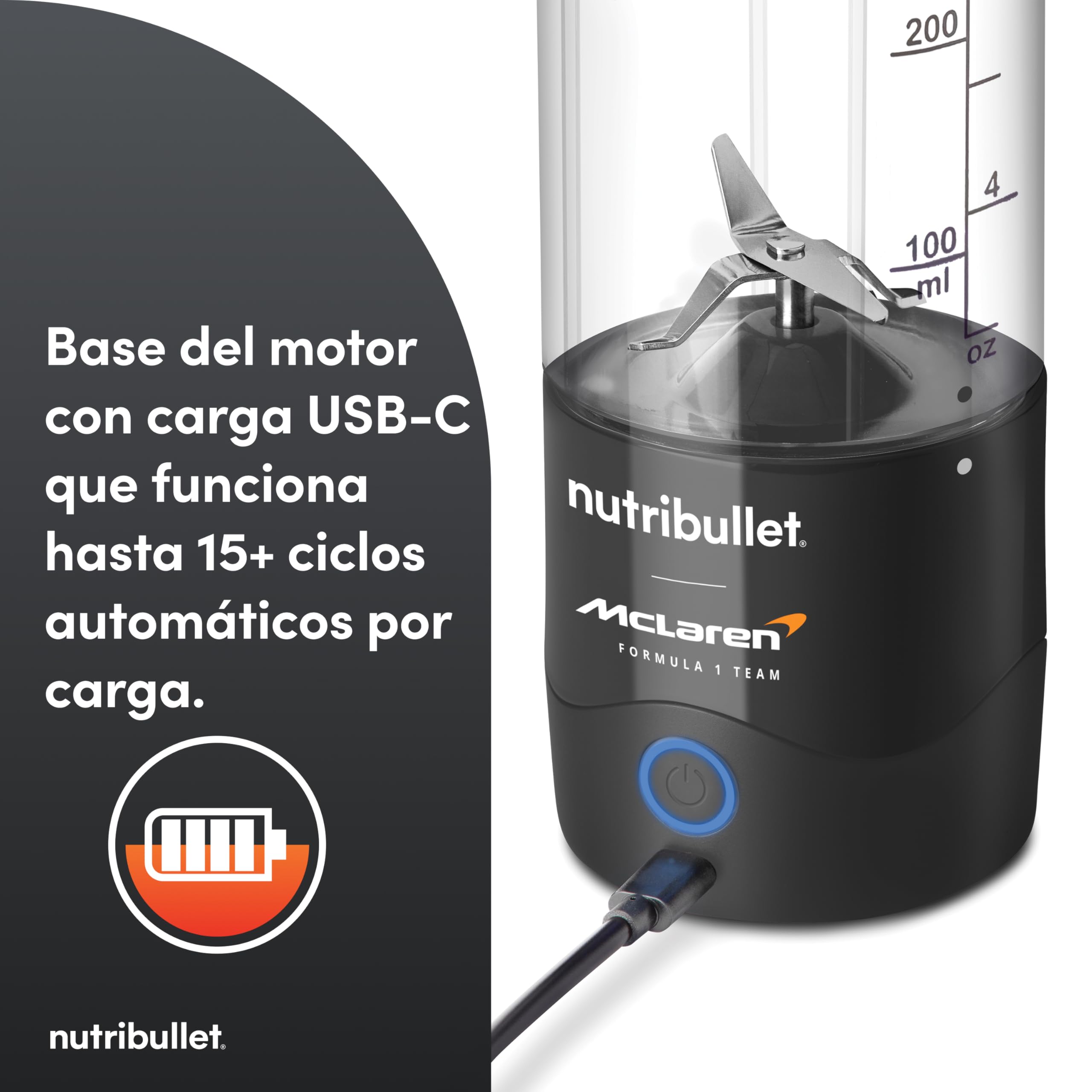 nutribulllet Portable x McLaren F1 Team - Batidora Portátil, Smoothie Maker Inalámbrico con Batería, Vaso de Tritan de 475 ml, USB-C, Tapa To-Go, Compacta y Ligera, Gris (NBP003GO-MC)