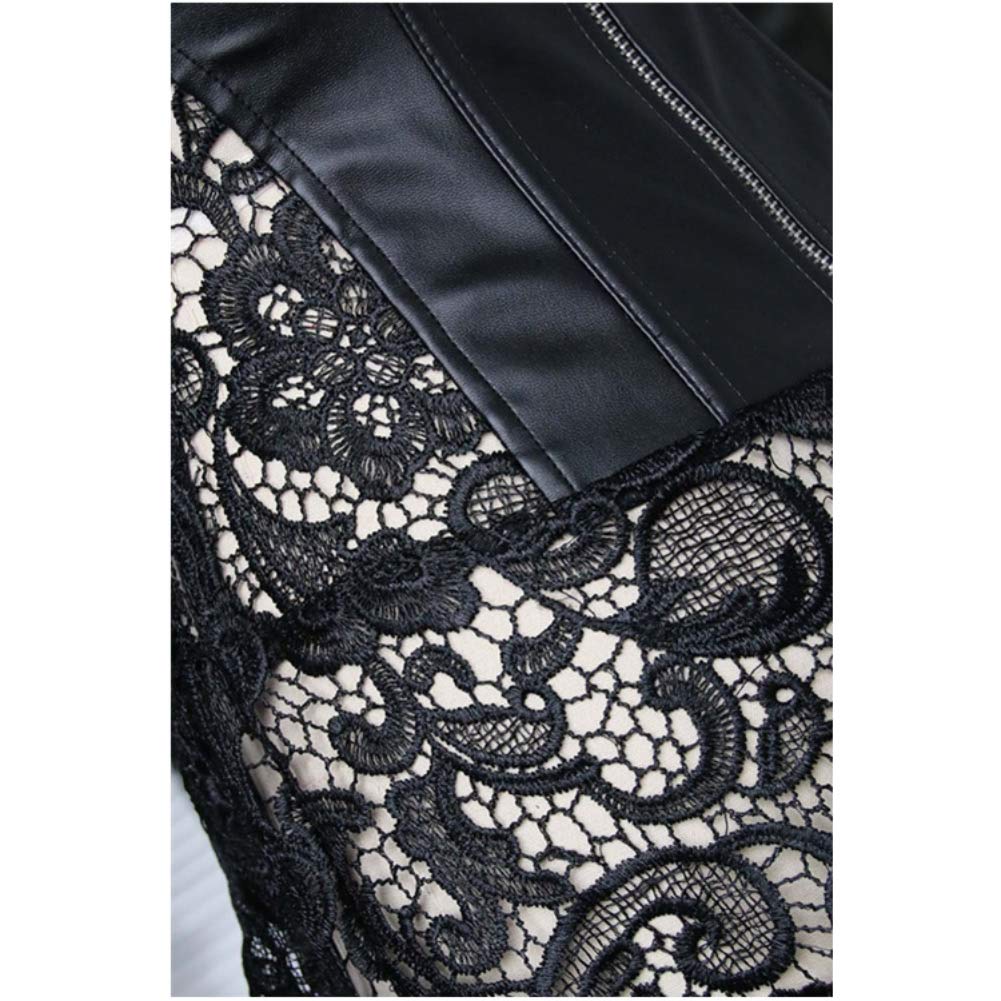 DISSA Corset Robe Simili Cuir Baleines Plastiques | Simili cuir, bretelles en dentelle, laçage avant, fermeture éclair arrière, jupe en dentelle intégrée, baleines plastiques