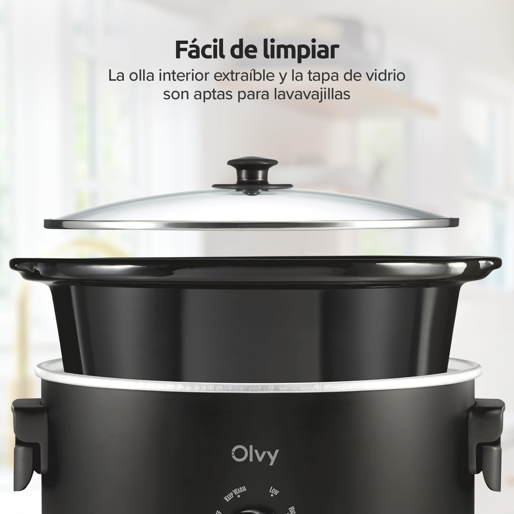 Olvy Olla de cocción lenta 6L con olla interior de cerámica, 3 niveles de temperatura, asas plegables