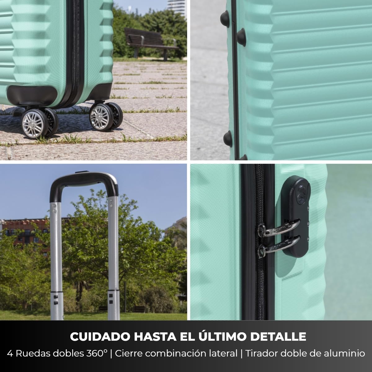 NUMADA-Juego de Maletas Rígidas 3pzs. Maleta Cabina 53cm, Maleta Mediana 63cm y Neceser. Set de Maletas de Viaje ABS Eco Friendly, 4 Ruedas Dobles, Resistentes, Ligeras y Seguras (Verde)