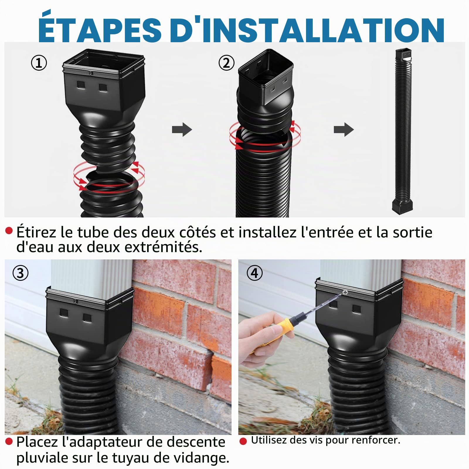 TOKPLNU Rallonge de bec de descente flexible pour gouttière - Noir - Connecteur de gouttière - Tuyau de drainage d'eau de pluie extensible de 50 à 147 cm