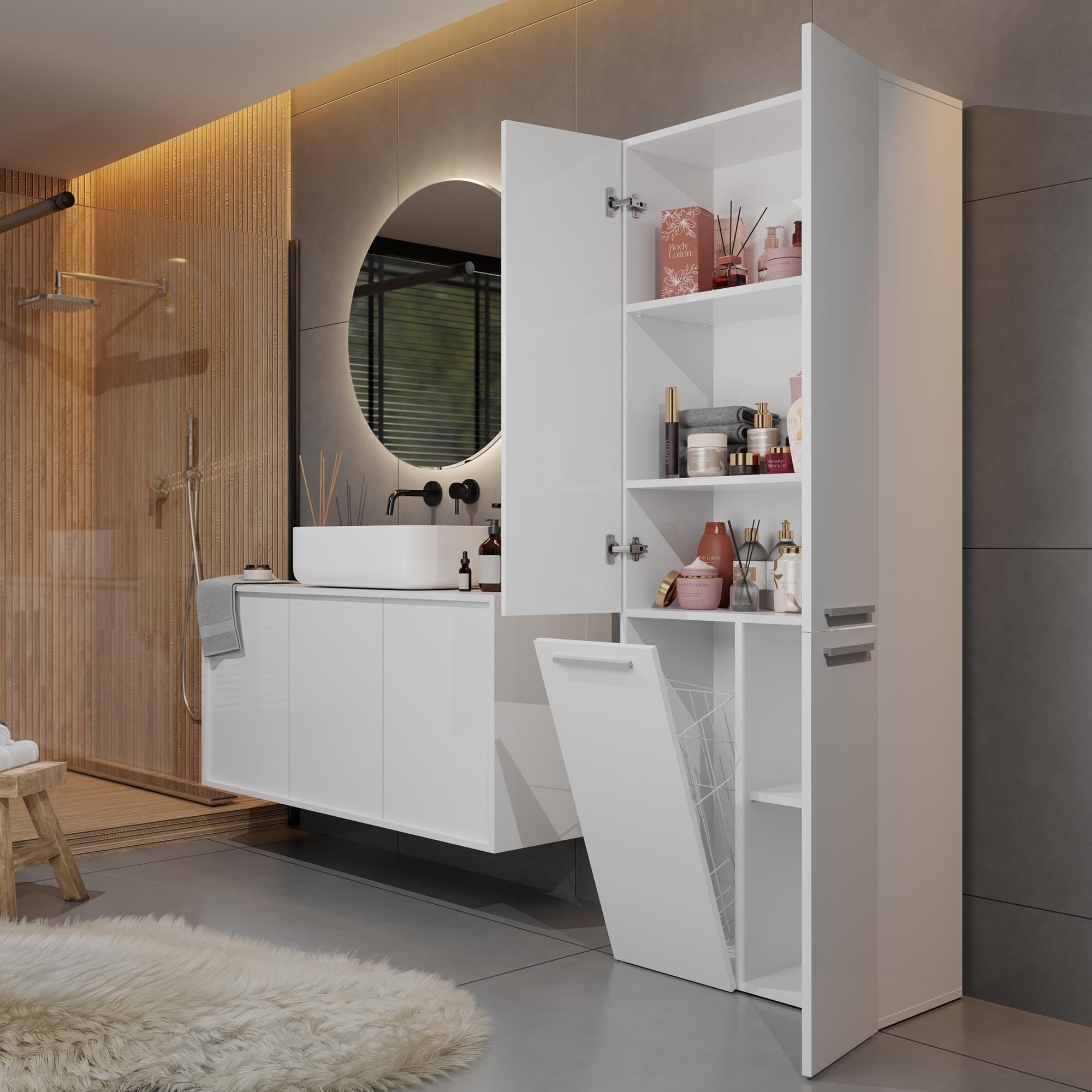 CDF Mobile da Bagno con Armadietti e Ante Bianco Colonna Bagno Salvaspazio 1 Cesto per la Biancheria Mobile Alto a Colonna Cesto Portabiancheria Armadio Bagno 174 x 60 x 30