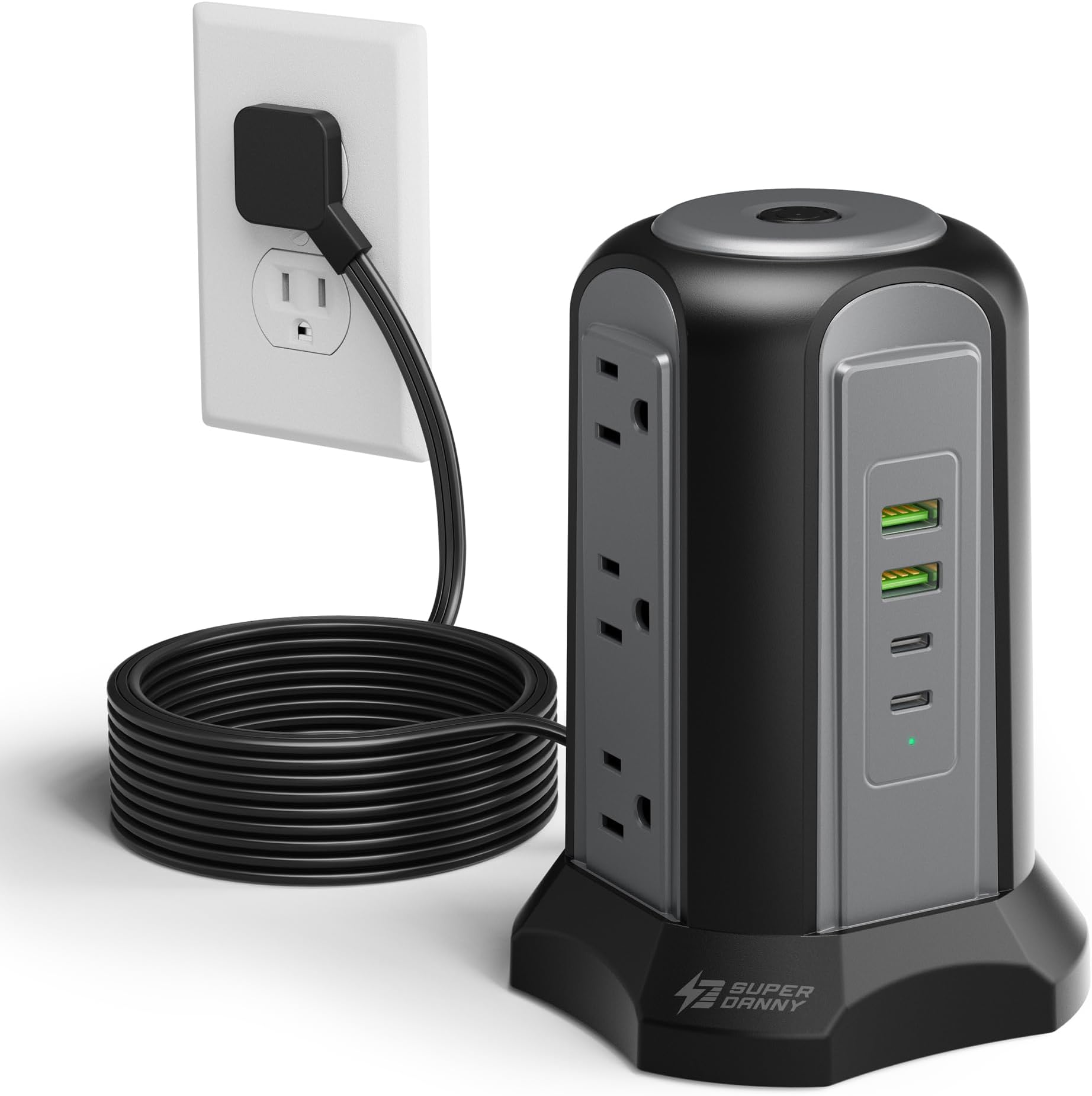 - Power Strip Tower Surge Protector, SUPERDANNY Desktop Charging Station, 10 Ft Extension Cord, 9 Outlets, 4 USB Ports, 1080 Joules, 3-Prong, Grounded, Multiple Protections for Home, Office, Black