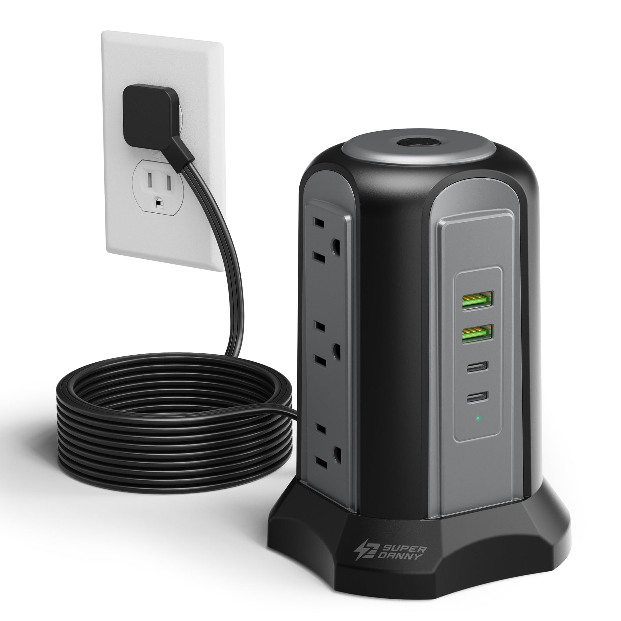 Power Strip Tower Surge Protector, SUPERDANNY Desktop Charging Station, 10 Ft Extension Cord, 9 Outlets, 4 USB Ports, 1080 Joules, 3-Prong, Grounded, Multiple Protections for Home, Office, Black