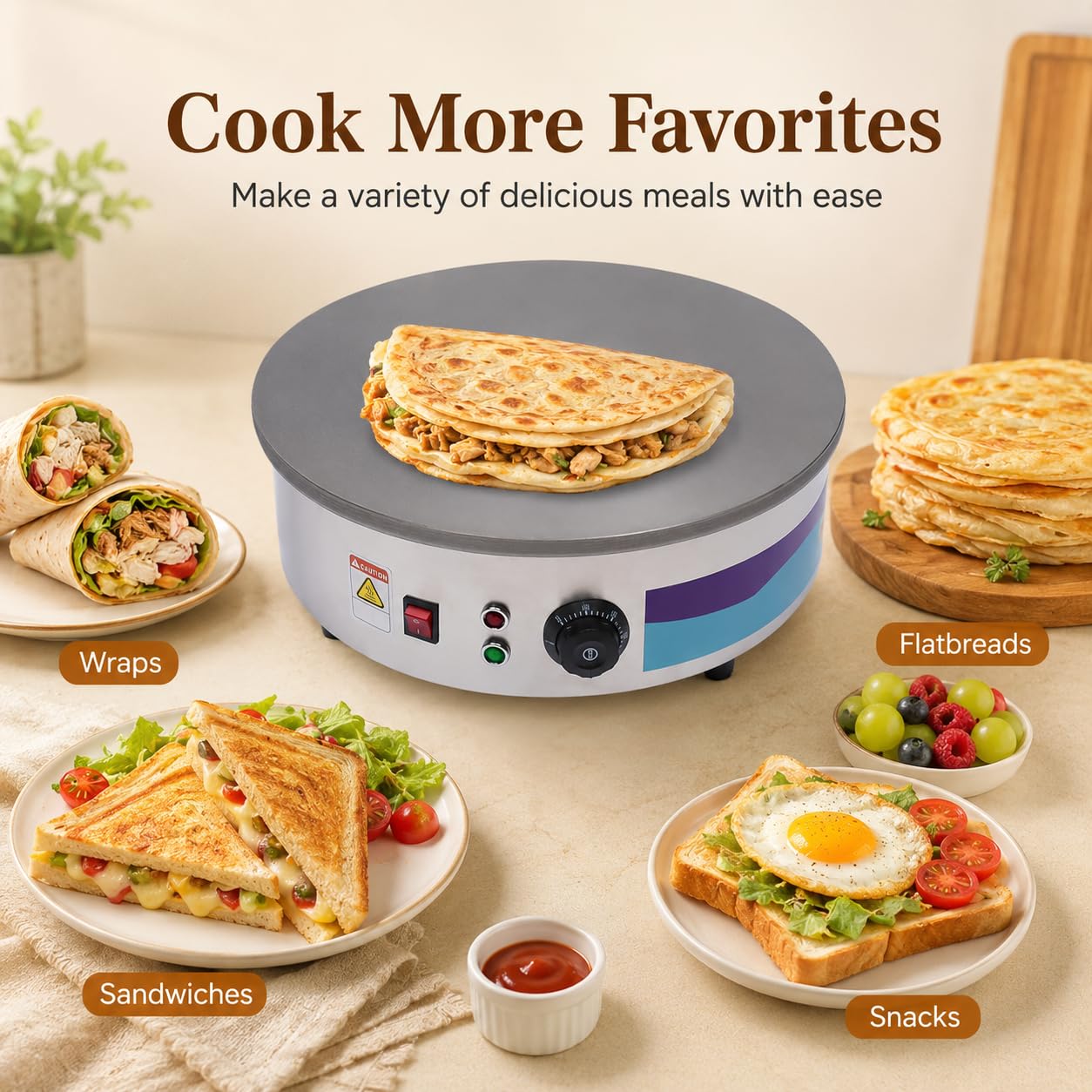 Máquina de crepe eléctrica de 2800 W, crepe, temperatura ajustable con espátula de madera, crepera, apta para familias, cafeterías, restaurantes