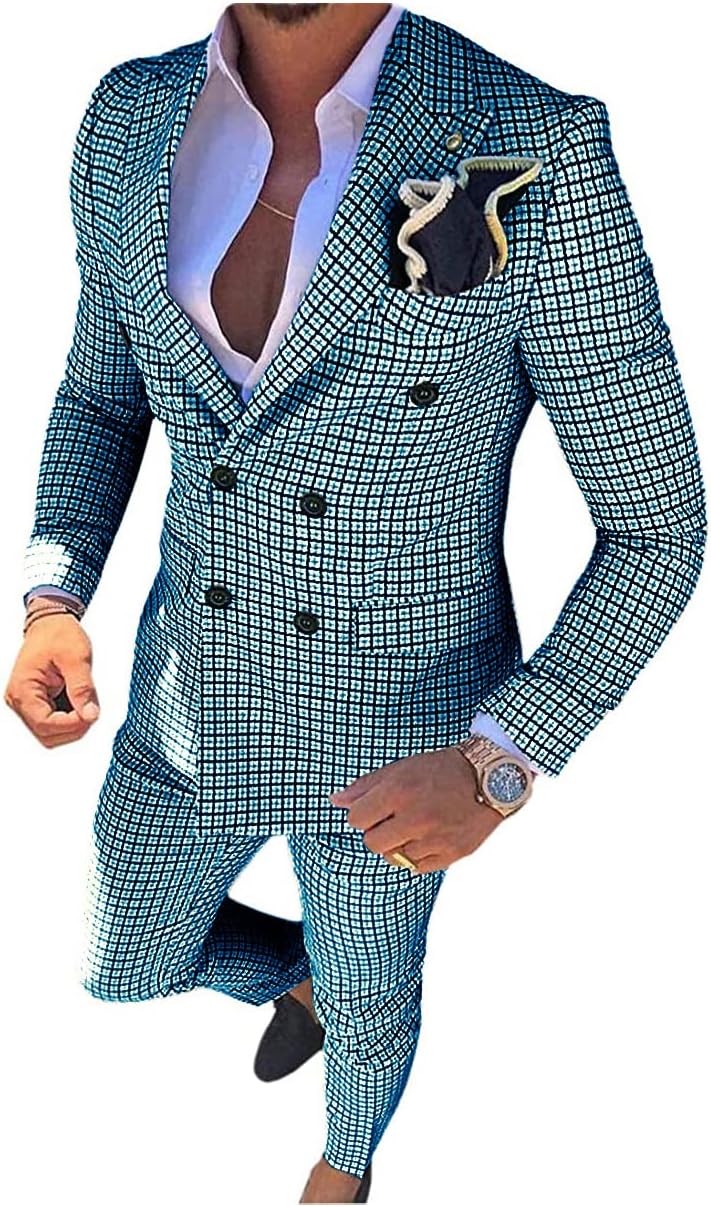 Mens Suit Plaid Double Breasted Flat 2 Piece for Wedding Suit (Blazer +Pants)