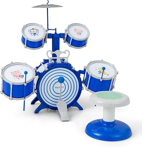 Costzon Juego de batería para niños, kit de batería de jazz con taburete, platillo, baquetas y pedal, 5 tambores educativos de percusión musical,