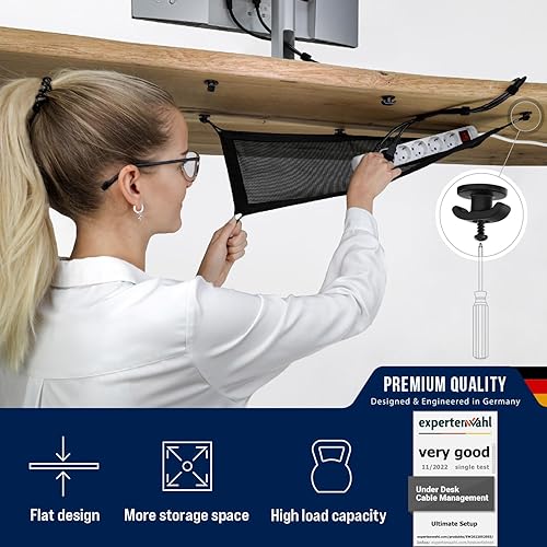 Miniatura 2 de Red de gestión de cables - Gestión de cables debajo del escritorio - Bandeja flexible para organizar cables debajo del escritorio, color negro
