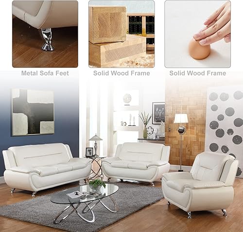 Miniatura 3 de Juego de sofá de sala de estar de cuero, sofá de cuero estilo moderno, sofás para sala de estar 3 piezas (blanco)