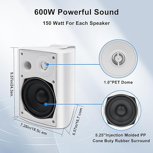 Miniatura 4 de Altavoces Bluetooth para exteriores de 5.25 pulgadas, impermeables, 600 vatios, perfectos para sistema de montaje en pared en interiores y