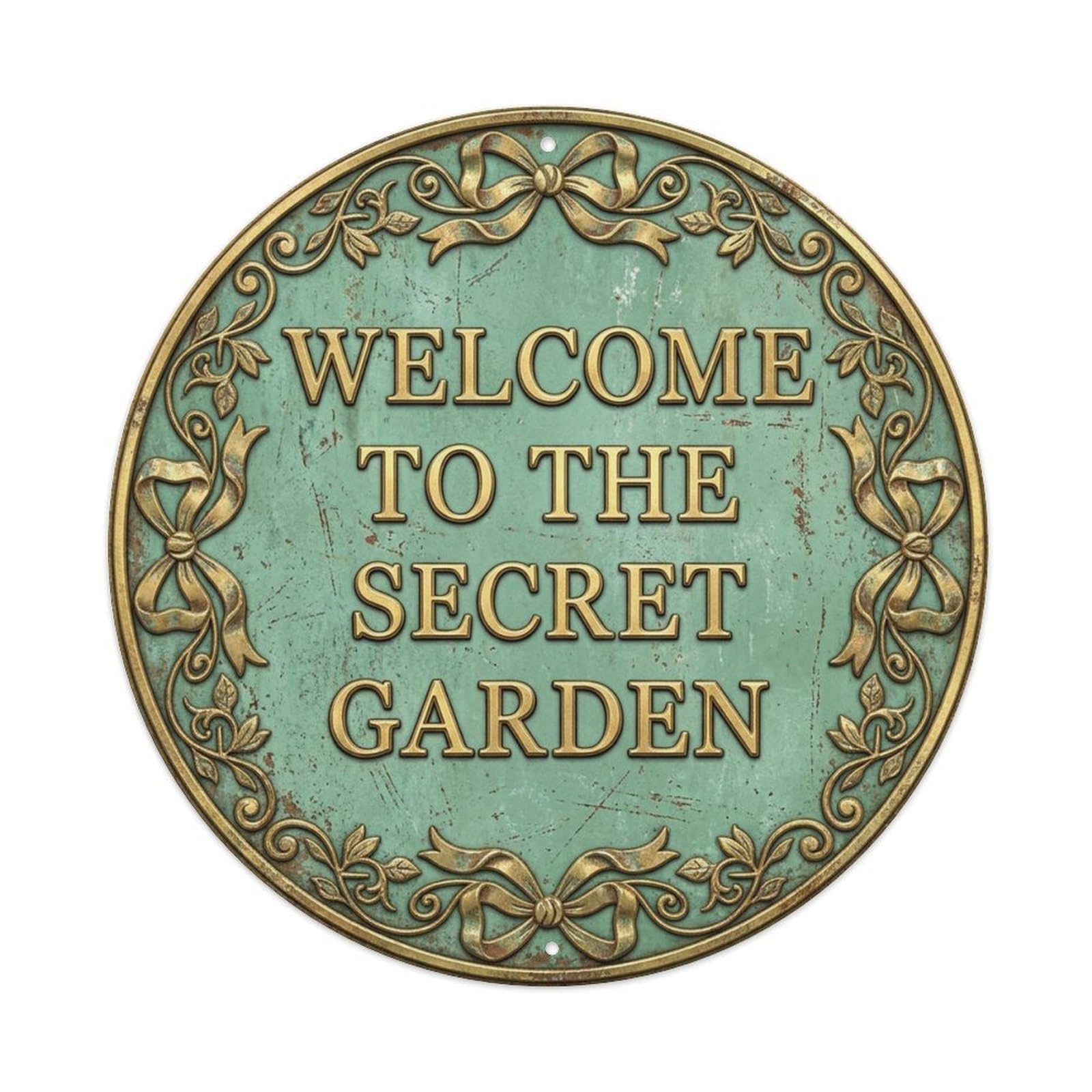 Vintage Welcome Secret Garden Gold Seafoam Ribbon Metal Tin Sign
