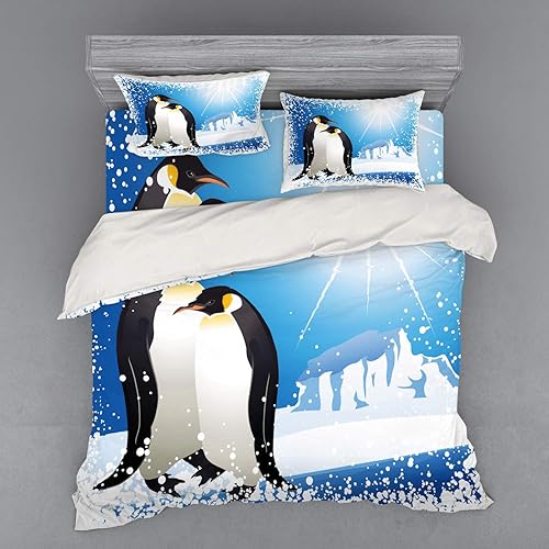 Ambesonne Winter Duvet Cover Set, Penguins on Iceland at Arctic Snowy Frozen Climate Illustration, 3 Piece Bedding Set with Sham and Fitted Sheet,